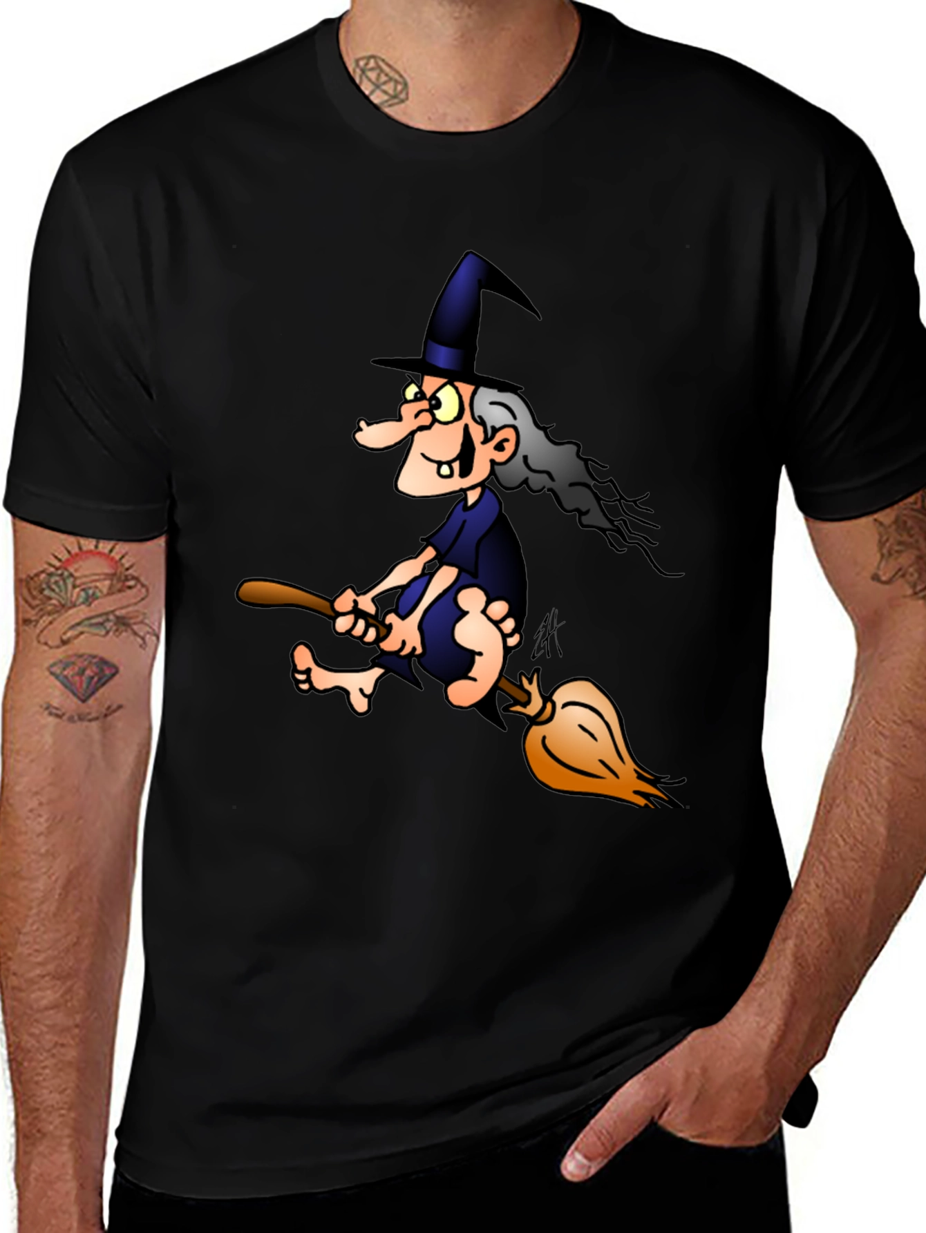 Witch on Broom T-Shirt - Cartoon Graphic Tee