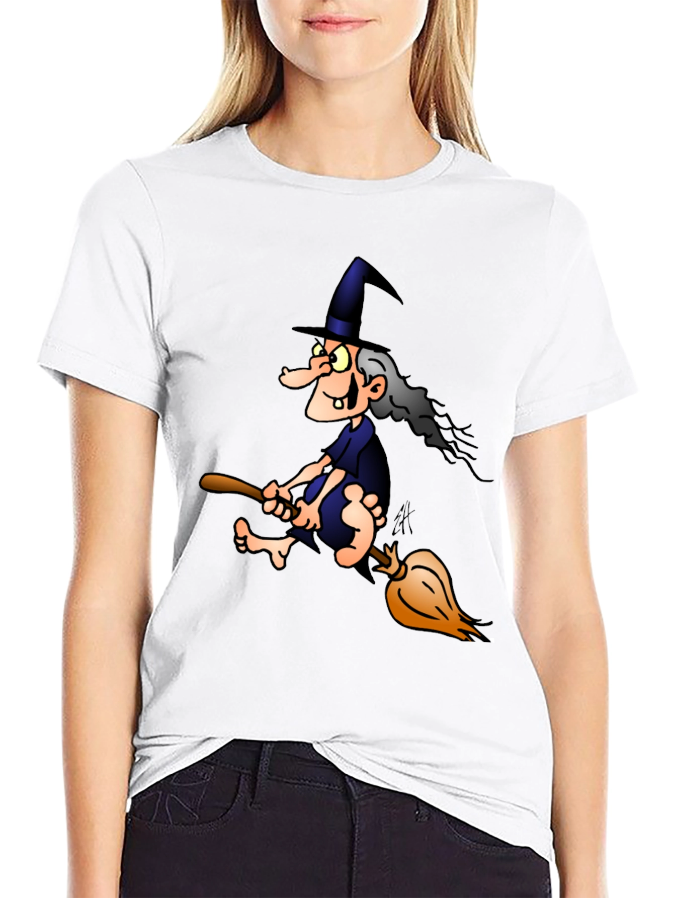 Witch on Broom T-Shirt - Cartoon Graphic Tee