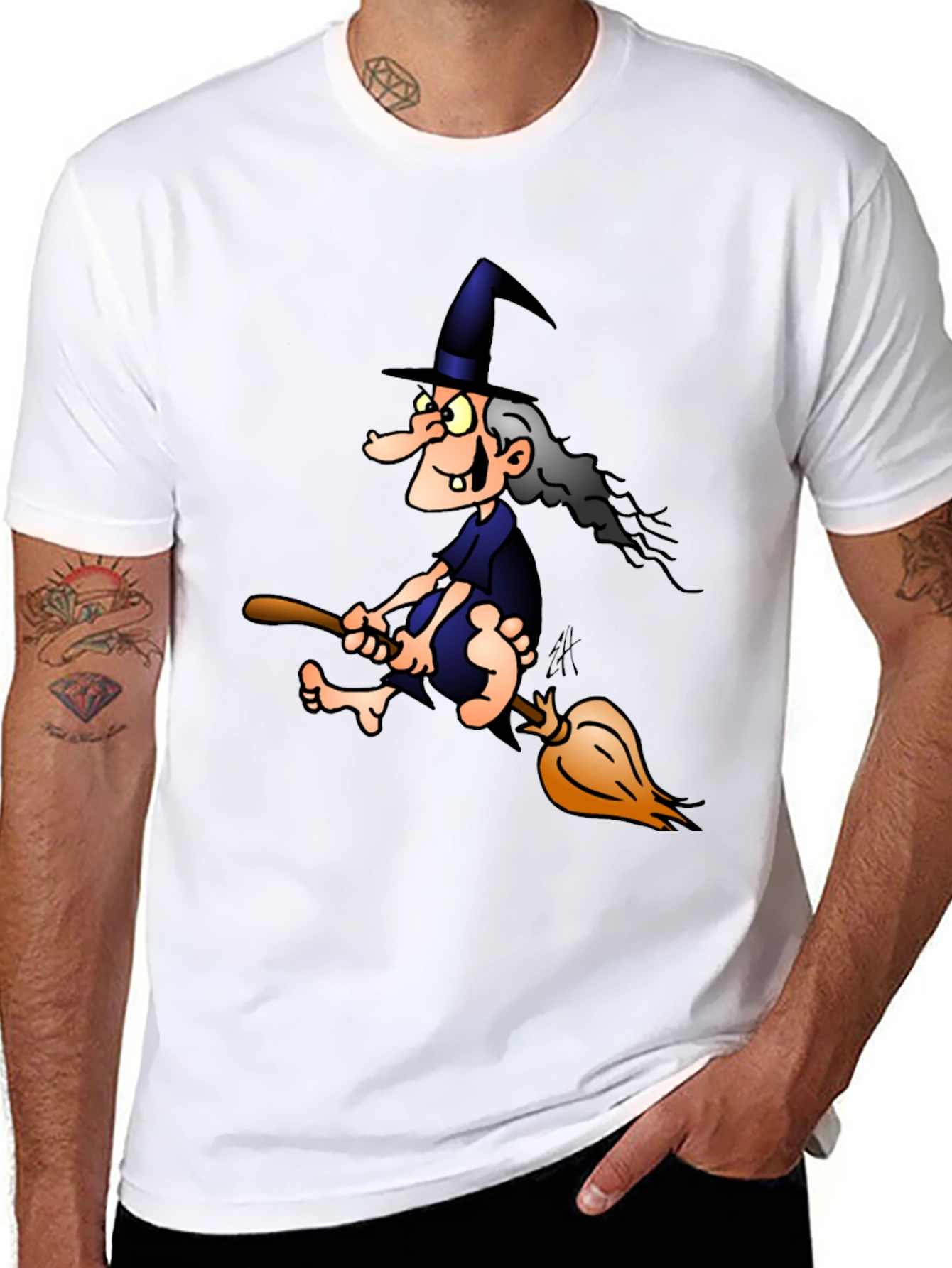 Witch on Broom T-Shirt - Cartoon Graphic Tee