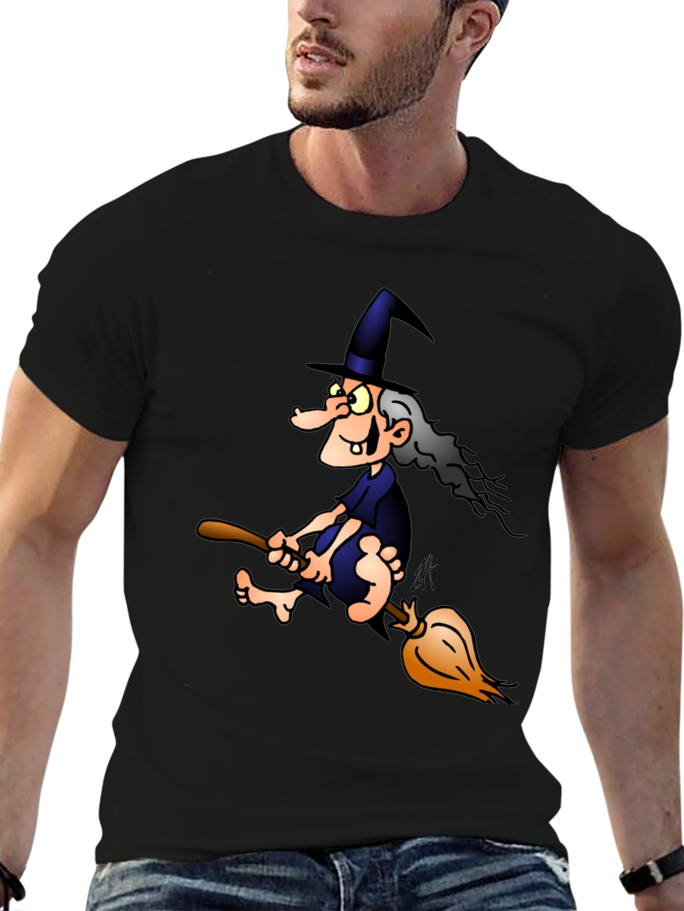 Witch on Broom T-Shirt - Cartoon Graphic Tee
