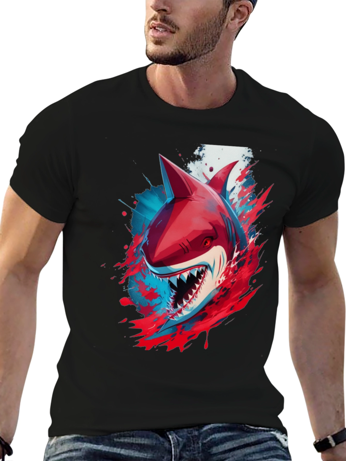 Shark Graphic Print T-Shirt - Black