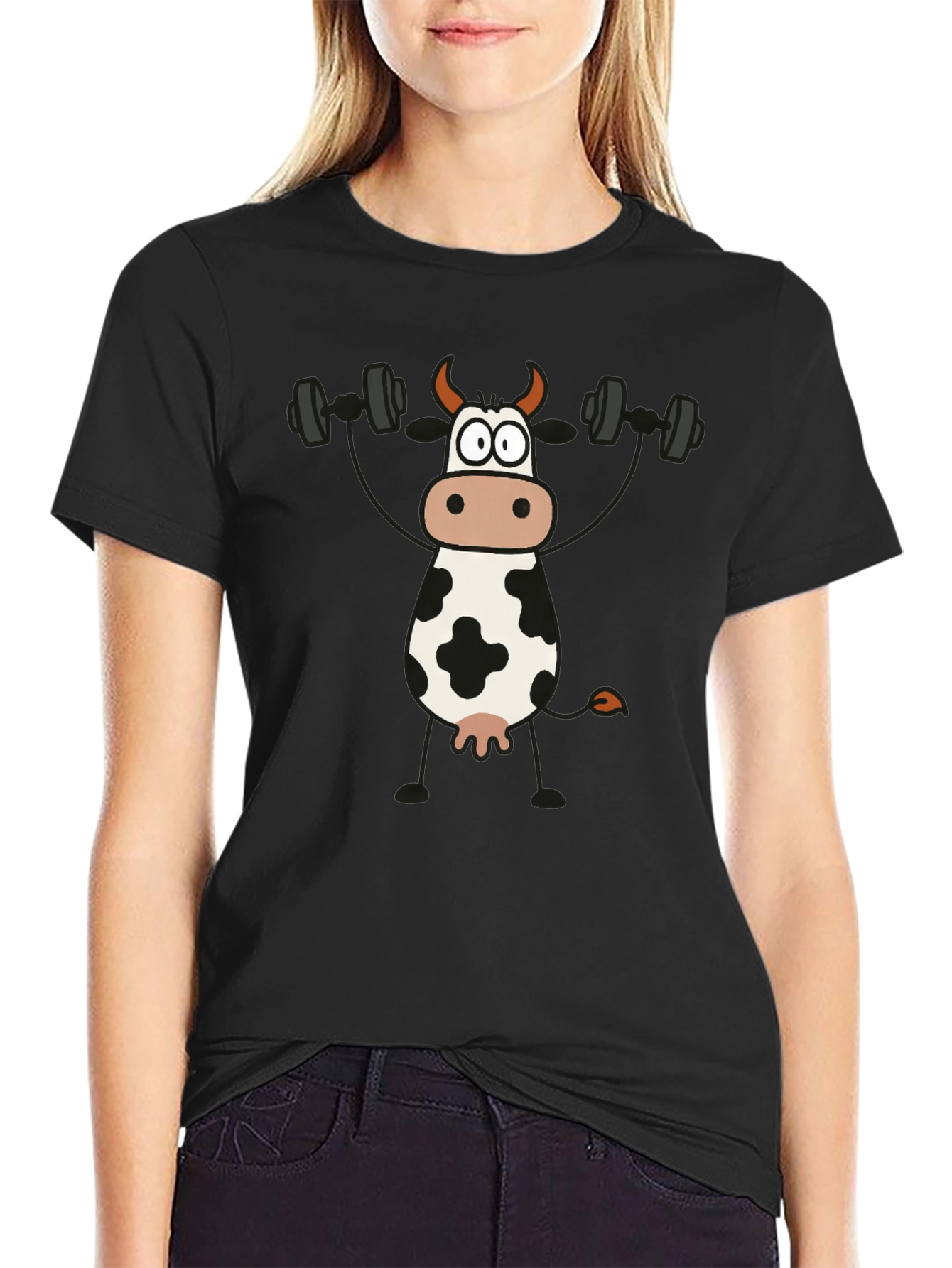 Cow Lifting Weights Graphic T-Shirt - Black