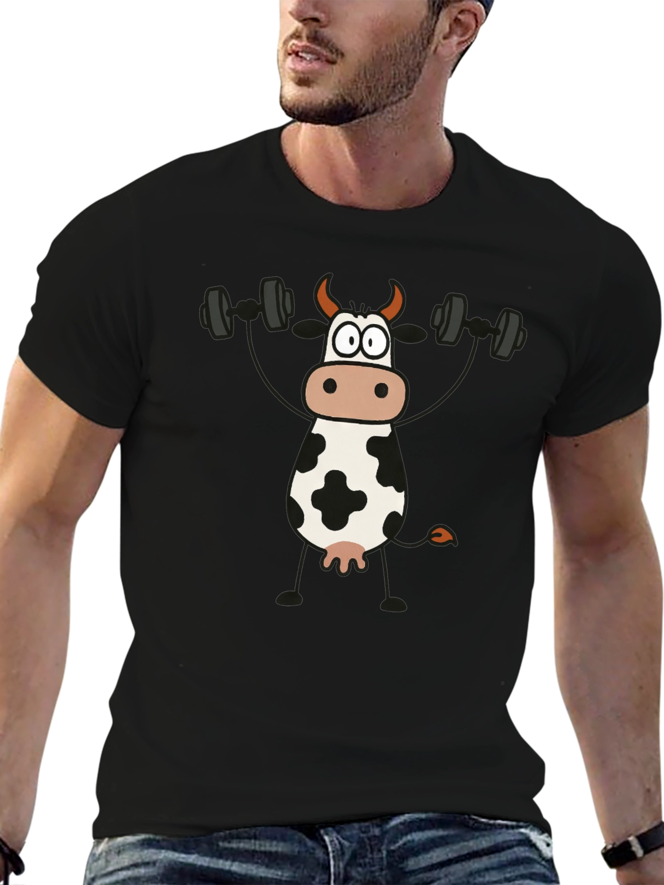 Cow Lifting Weights Graphic T-Shirt - Black