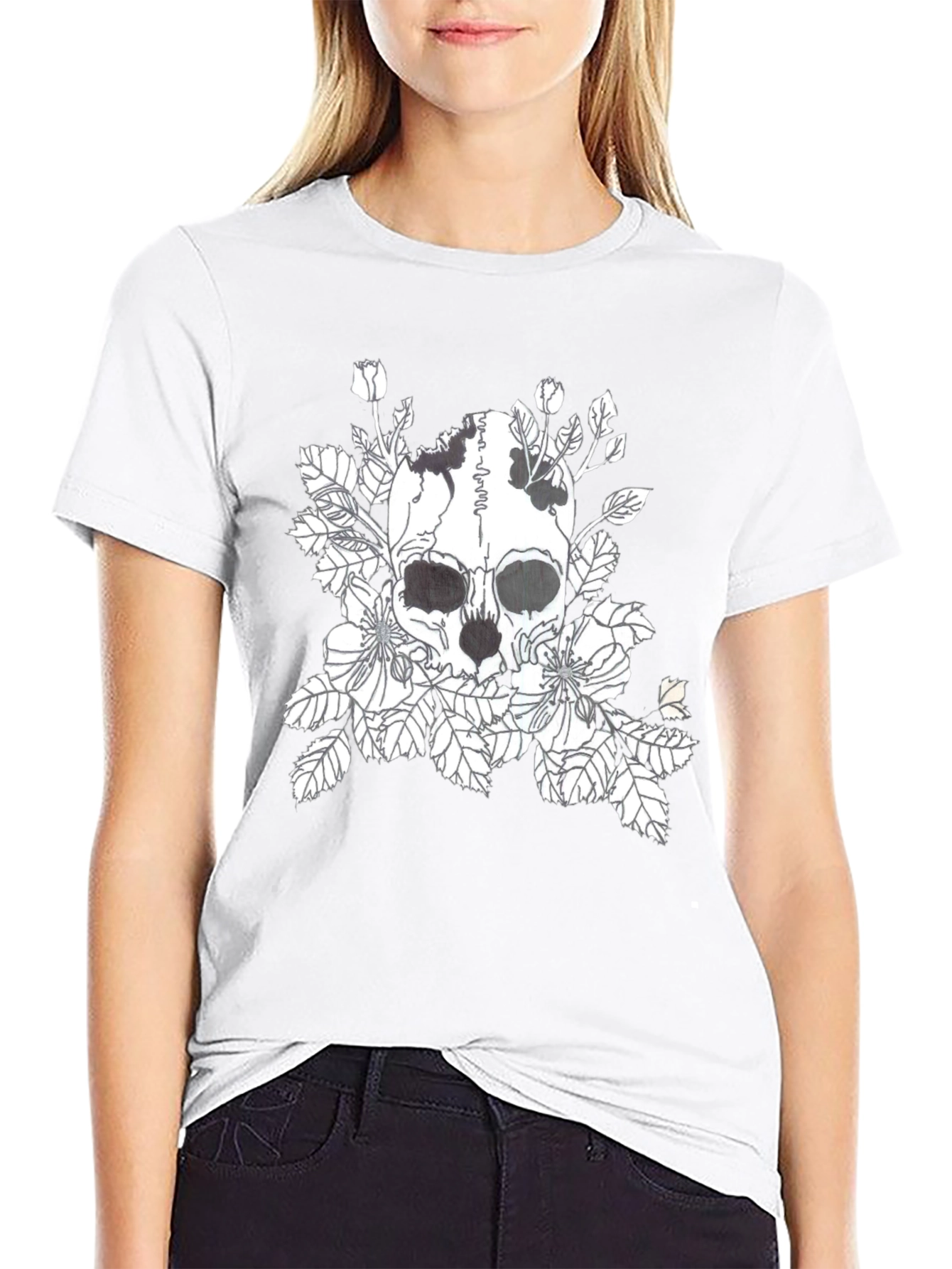 Skull & Floral Graphic Print Black T-Shirt