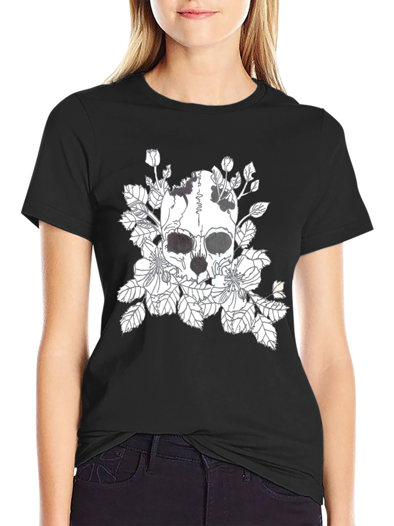 Skull & Floral Graphic Print Black T-Shirt