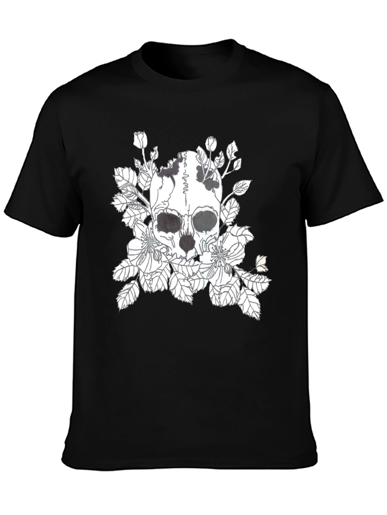 Skull & Floral Graphic Print Black T-Shirt
