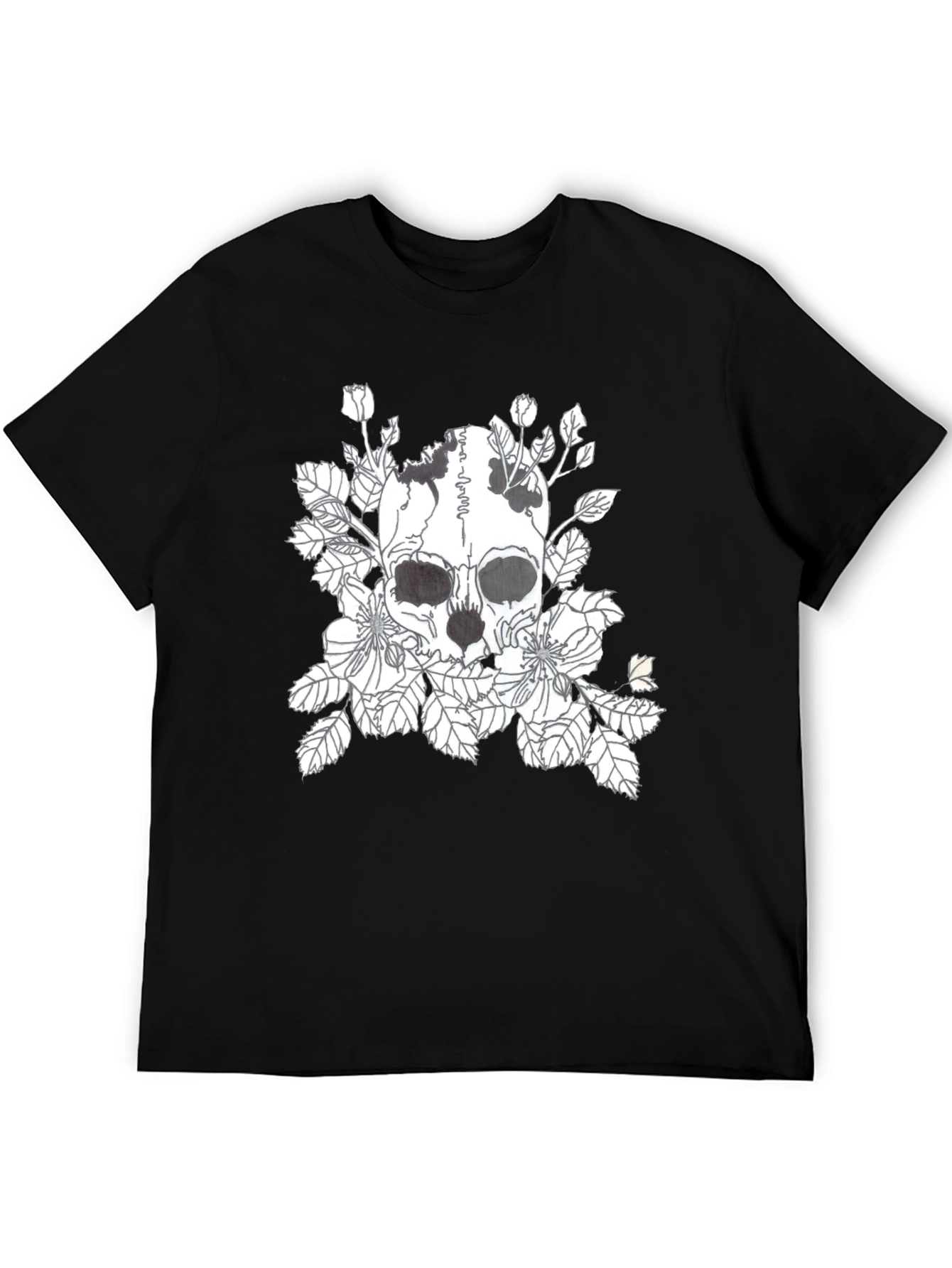 Skull & Floral Graphic Print Black T-Shirt