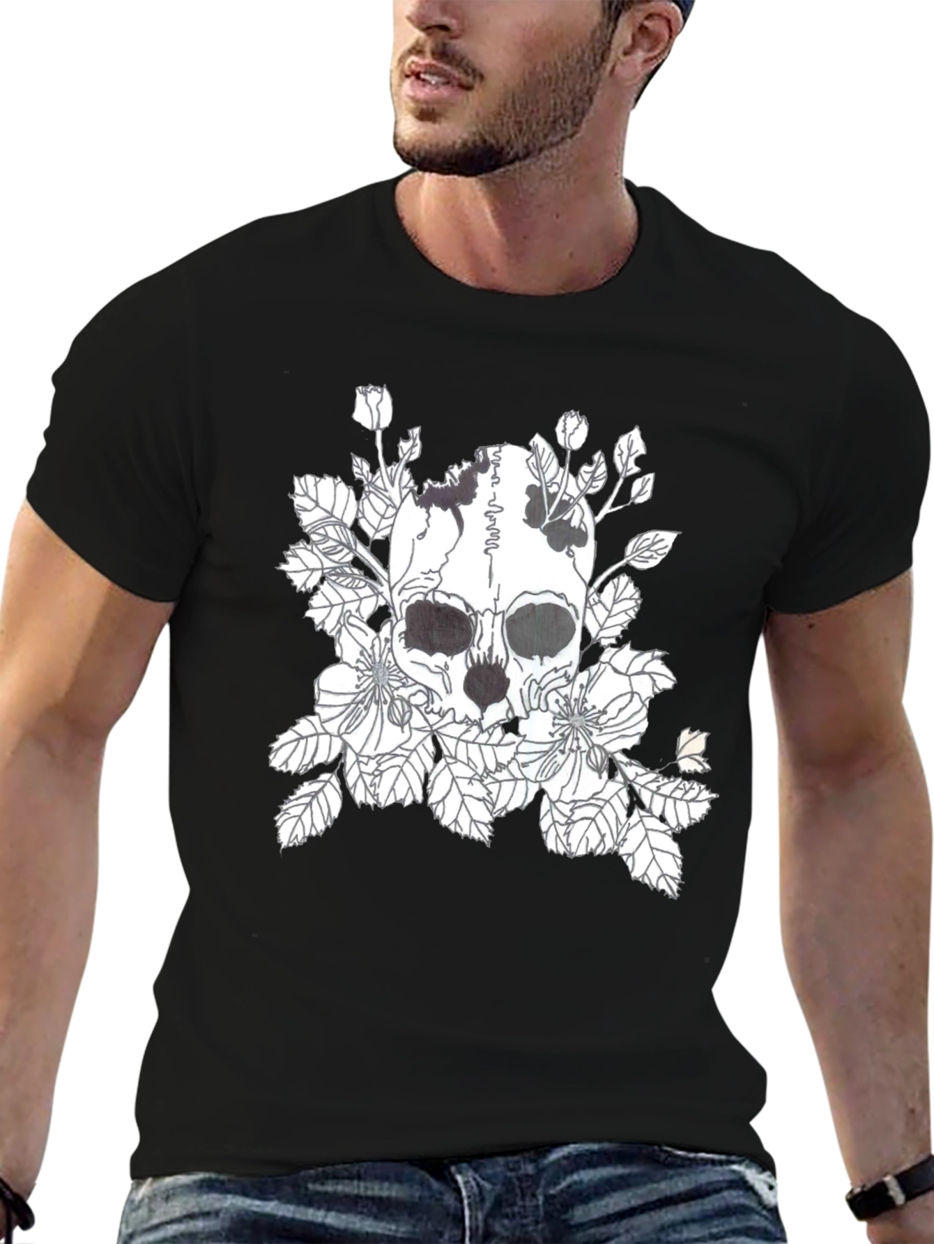 Skull & Floral Graphic Print Black T-Shirt