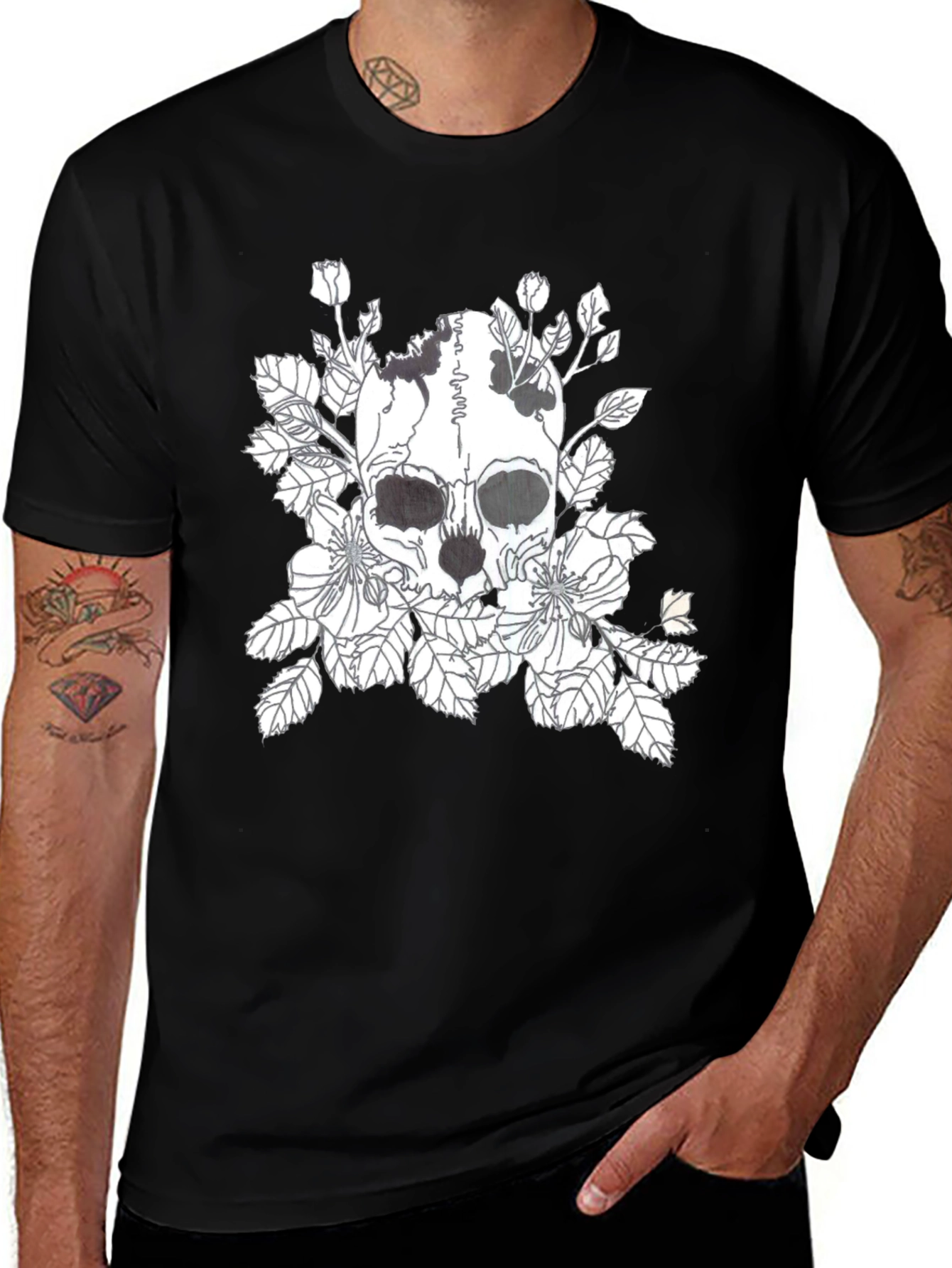 Skull & Floral Graphic Print Black T-Shirt