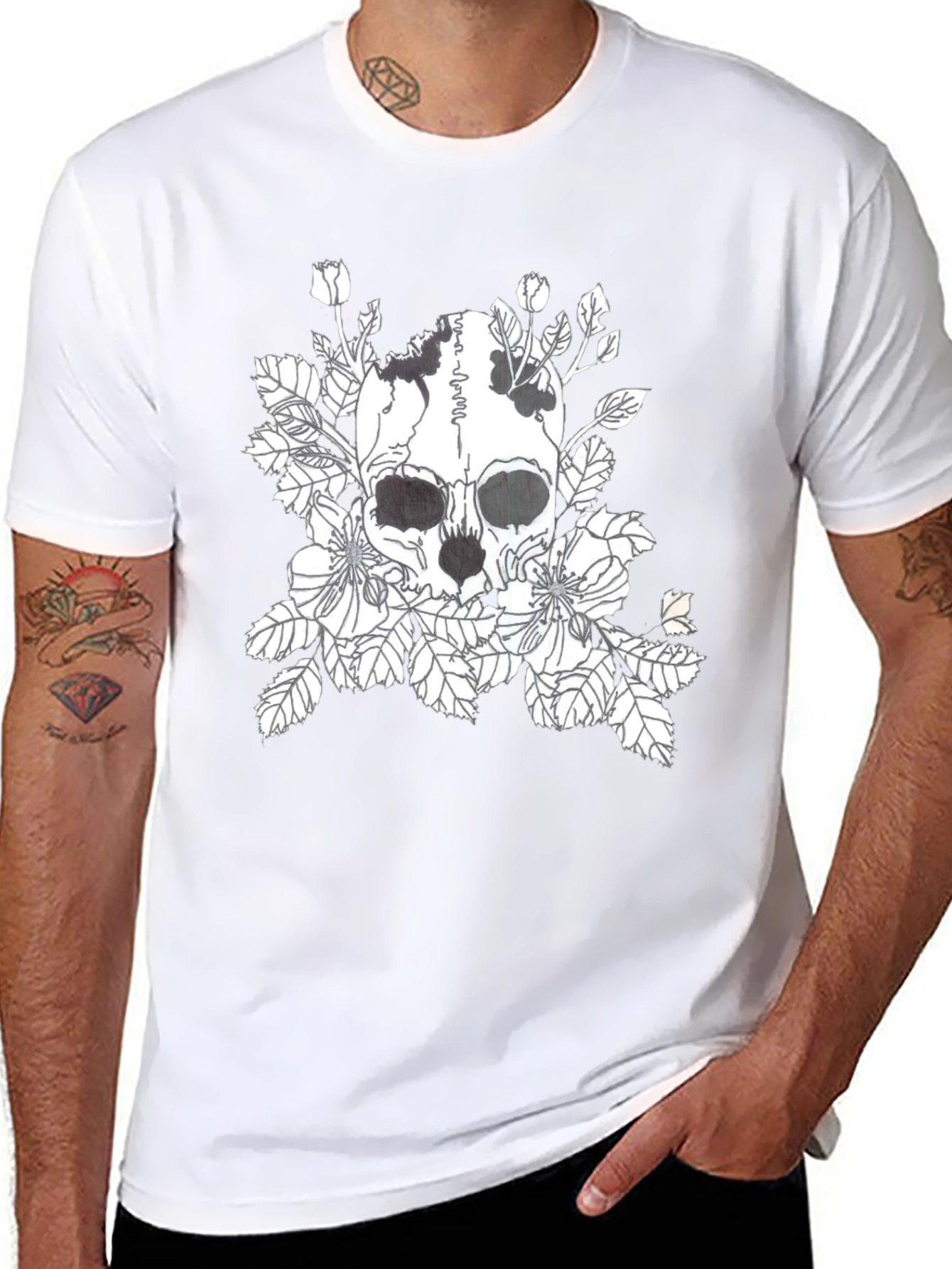 Skull & Floral Graphic Print Black T-Shirt