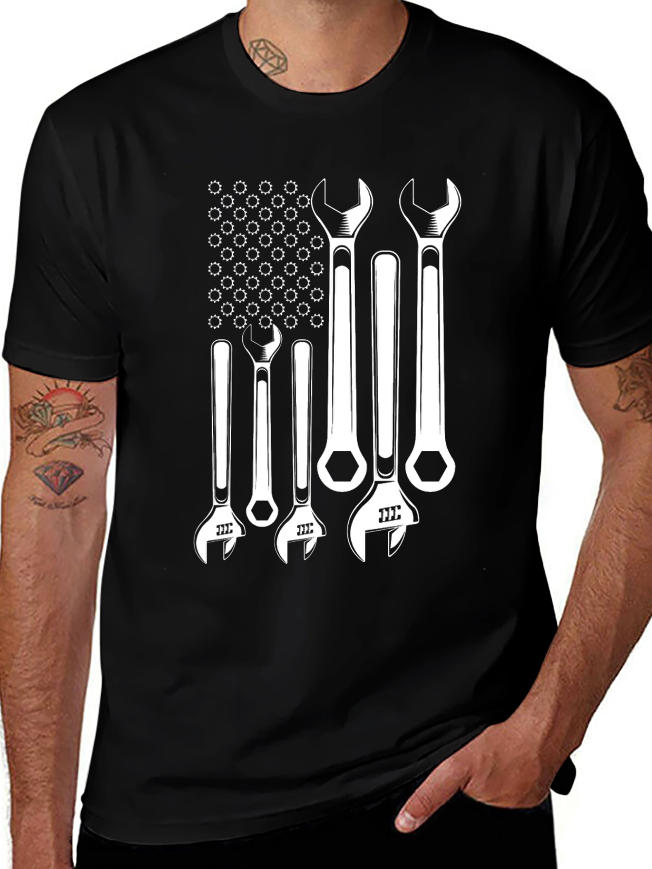 Mechanic Wrench American Flag Graphic Tee - Black