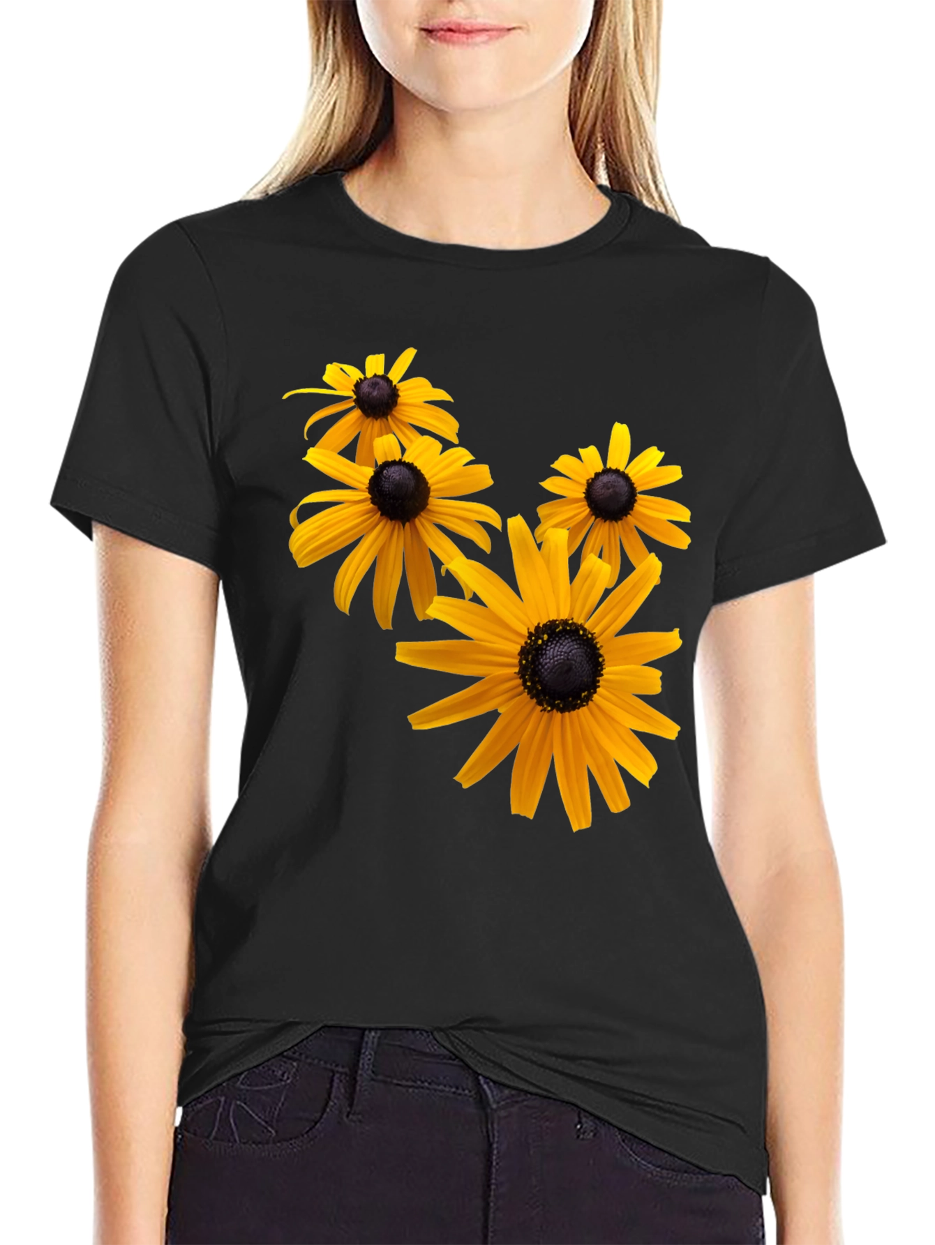 Black T-Shirt with Yellow Flower Print