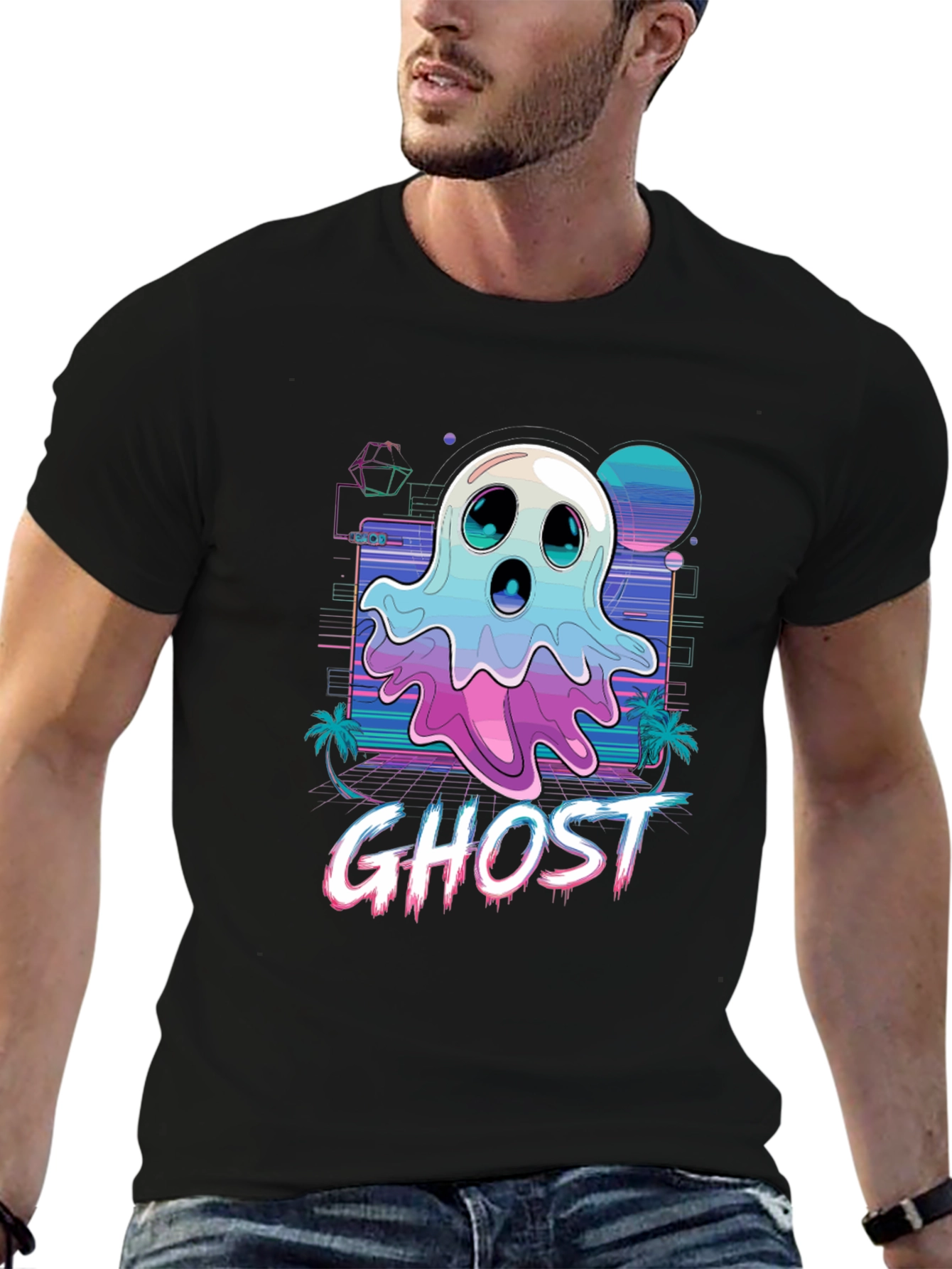 Retro Wave Ghost T-Shirt - Spooky Aesthetic Tee