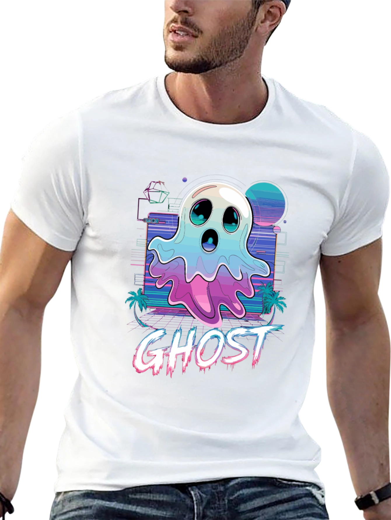 Retro Wave Ghost T-Shirt - Spooky Aesthetic Tee