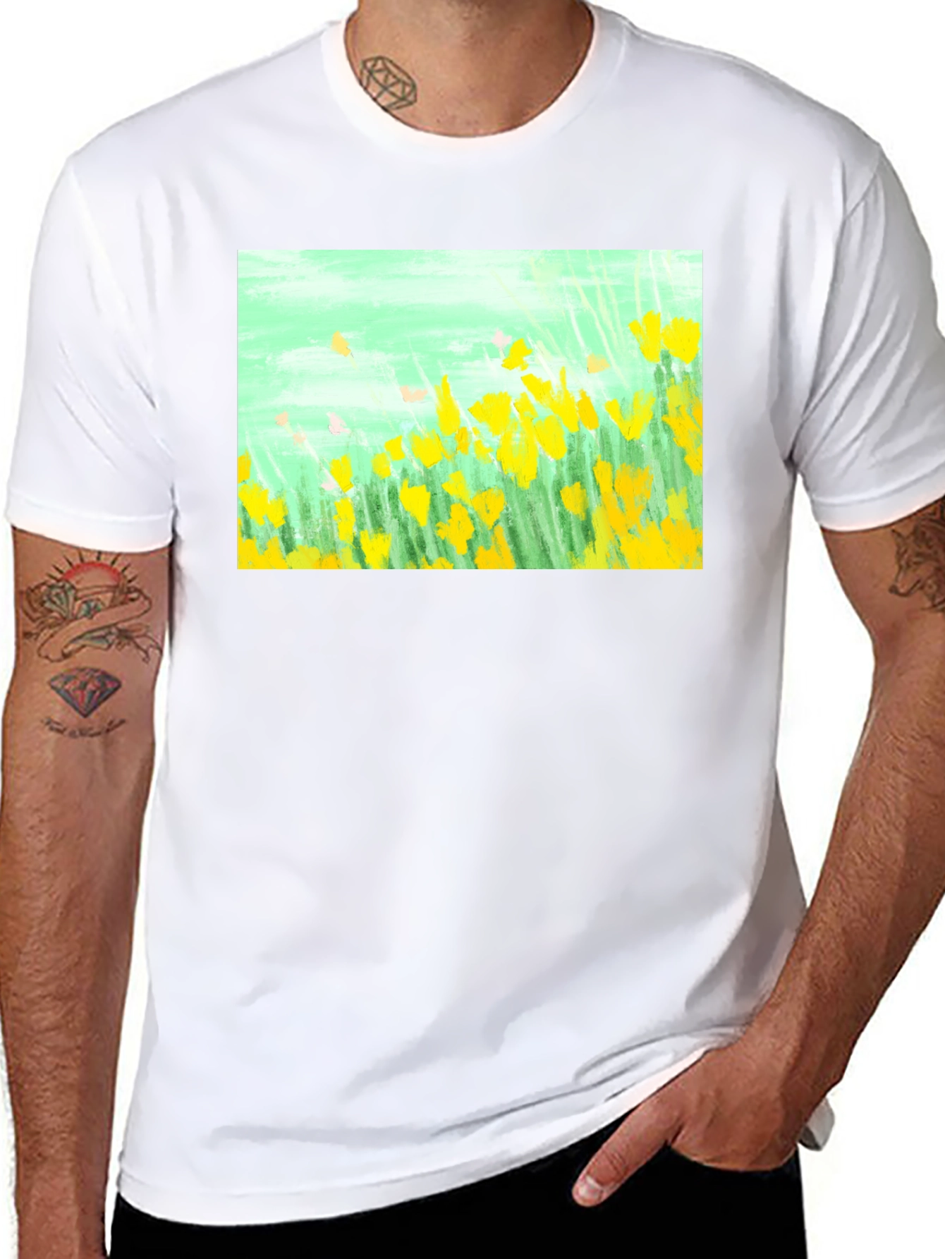 Floral Graphic Tee - Impressionist Yellow Flowers