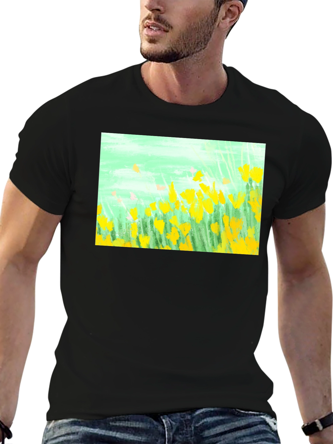 Floral Graphic Tee - Impressionist Yellow Flowers