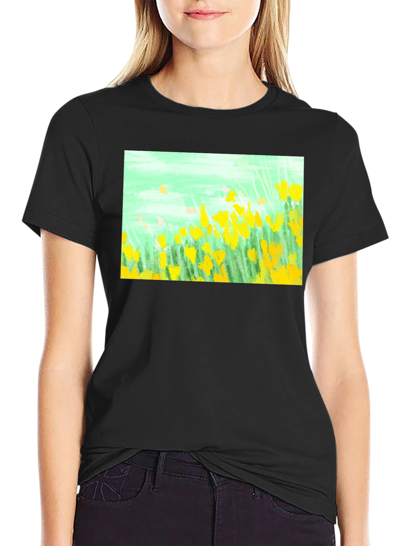 Floral Graphic Tee - Impressionist Yellow Flowers