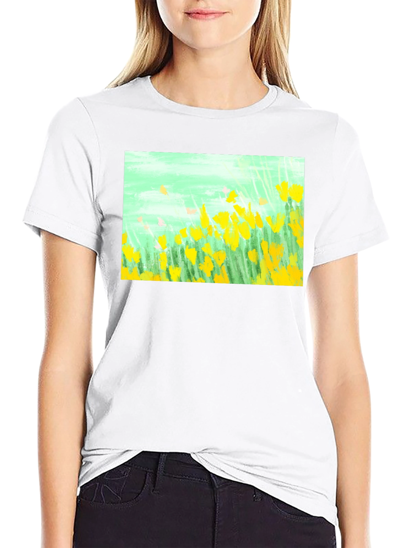 Floral Graphic Tee - Impressionist Yellow Flowers