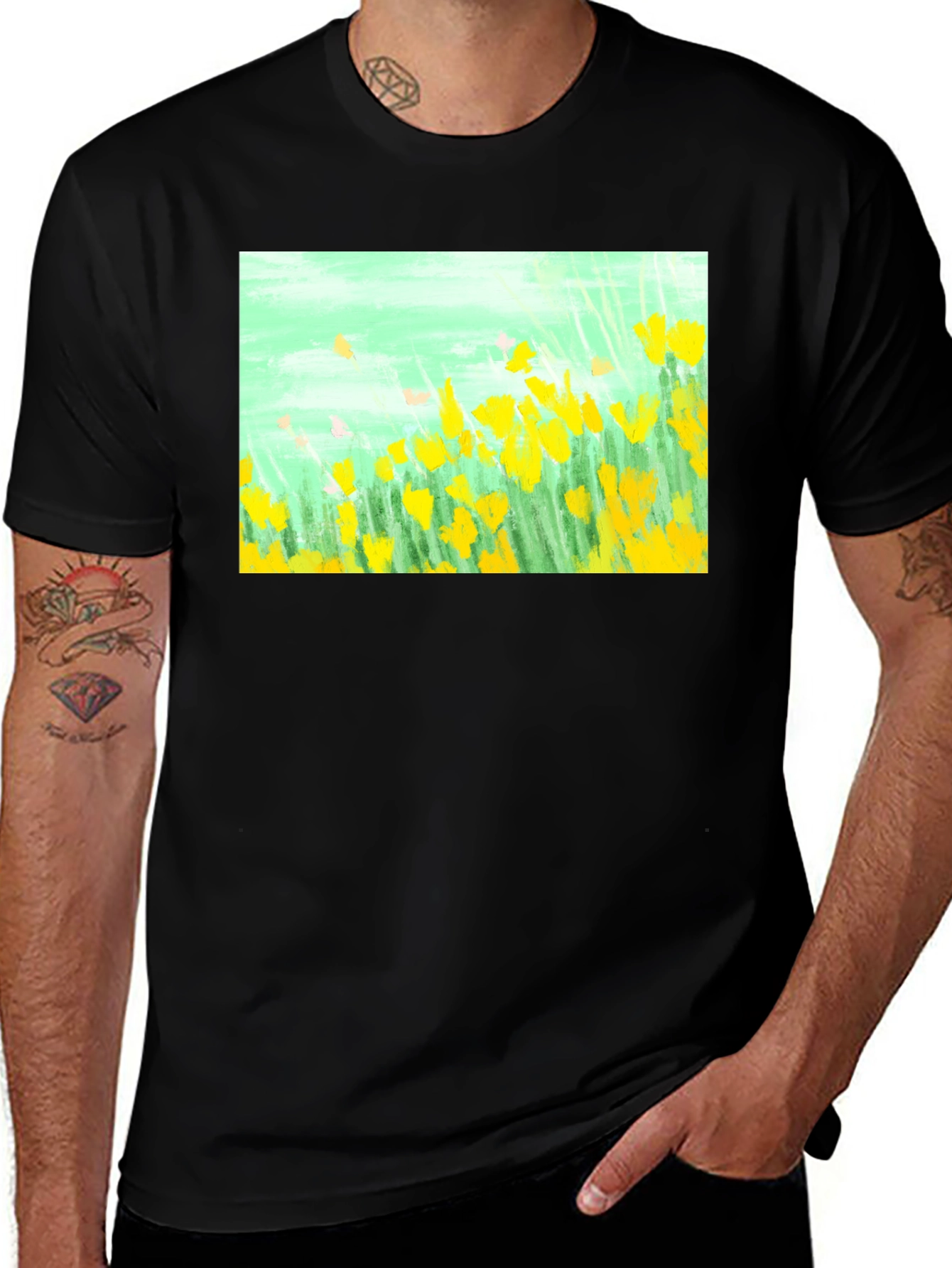 Floral Graphic Tee - Impressionist Yellow Flowers