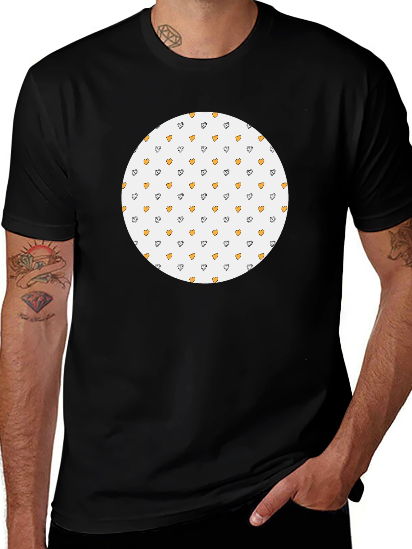 Black T-Shirt with Heart Pattern Circle