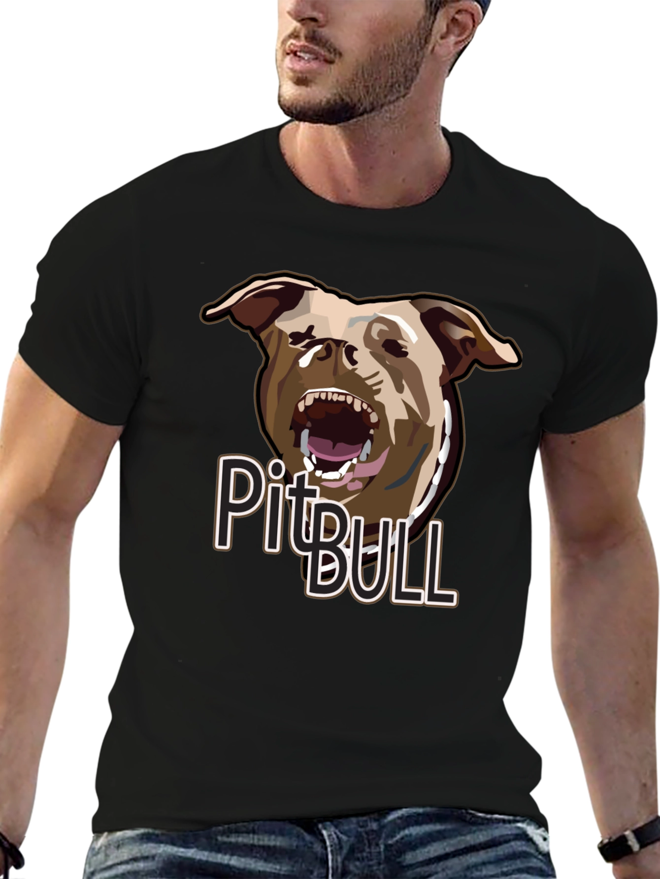 Pitbull Dog Graphic Print Black Cotton T-Shirt