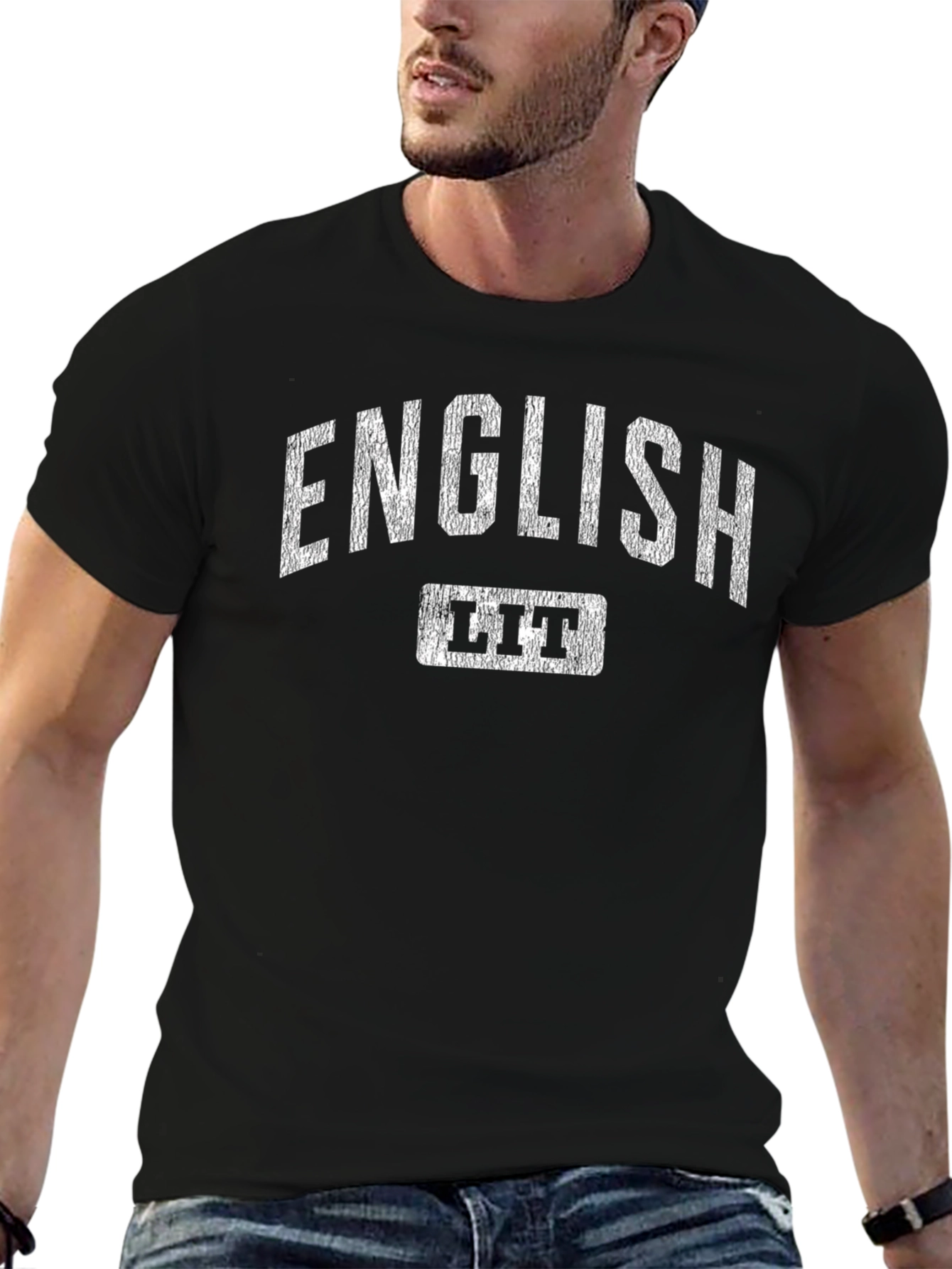 English Lit T-Shirt - Distressed Print Black Cotton