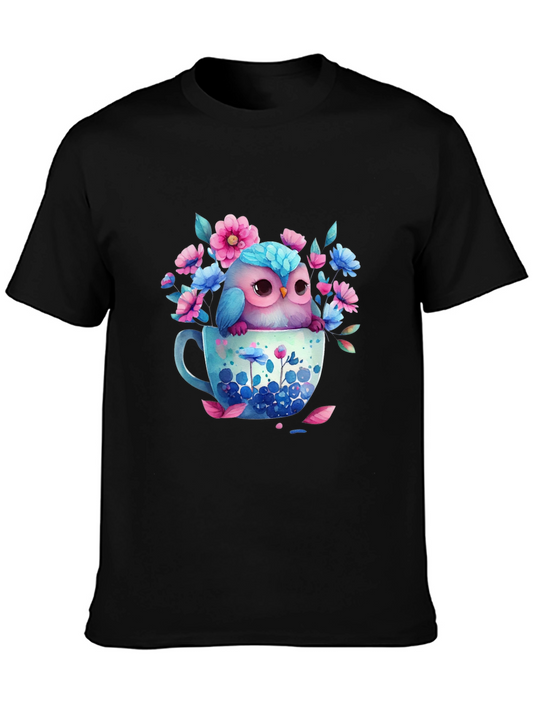 Owl in Teacup Floral Graphic Tee - Black