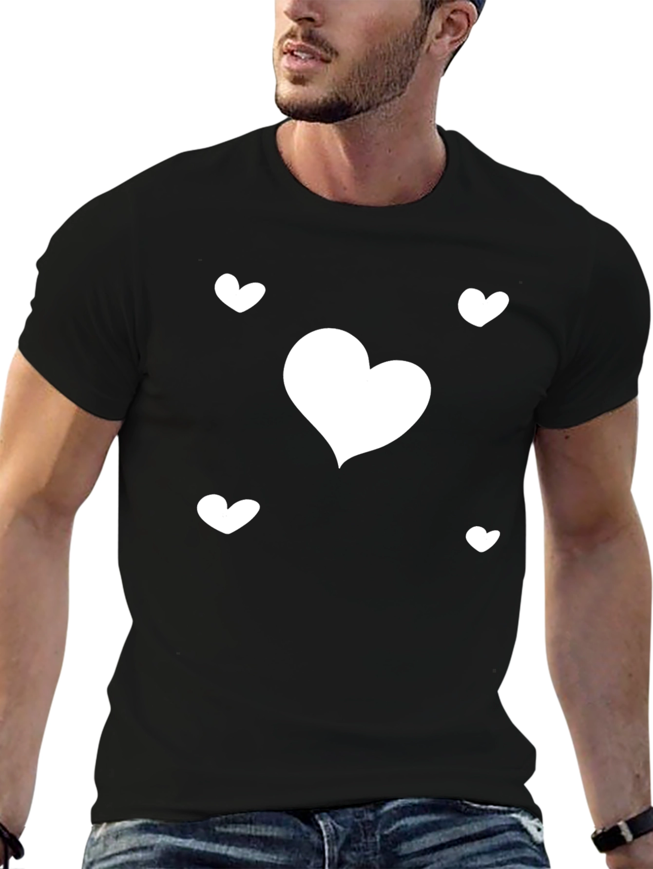 Heart Print Black Casual T-Shirt