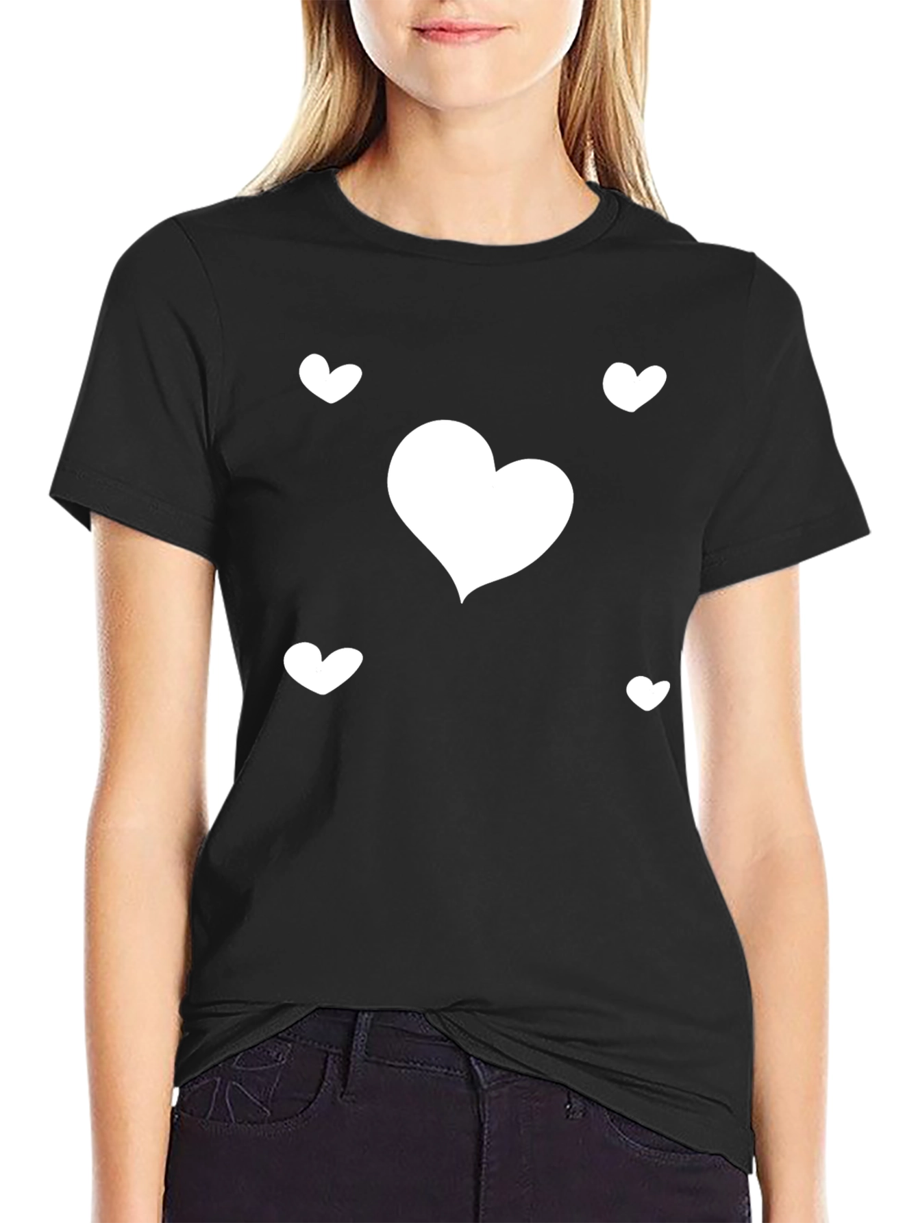 Heart Print Black Casual T-Shirt