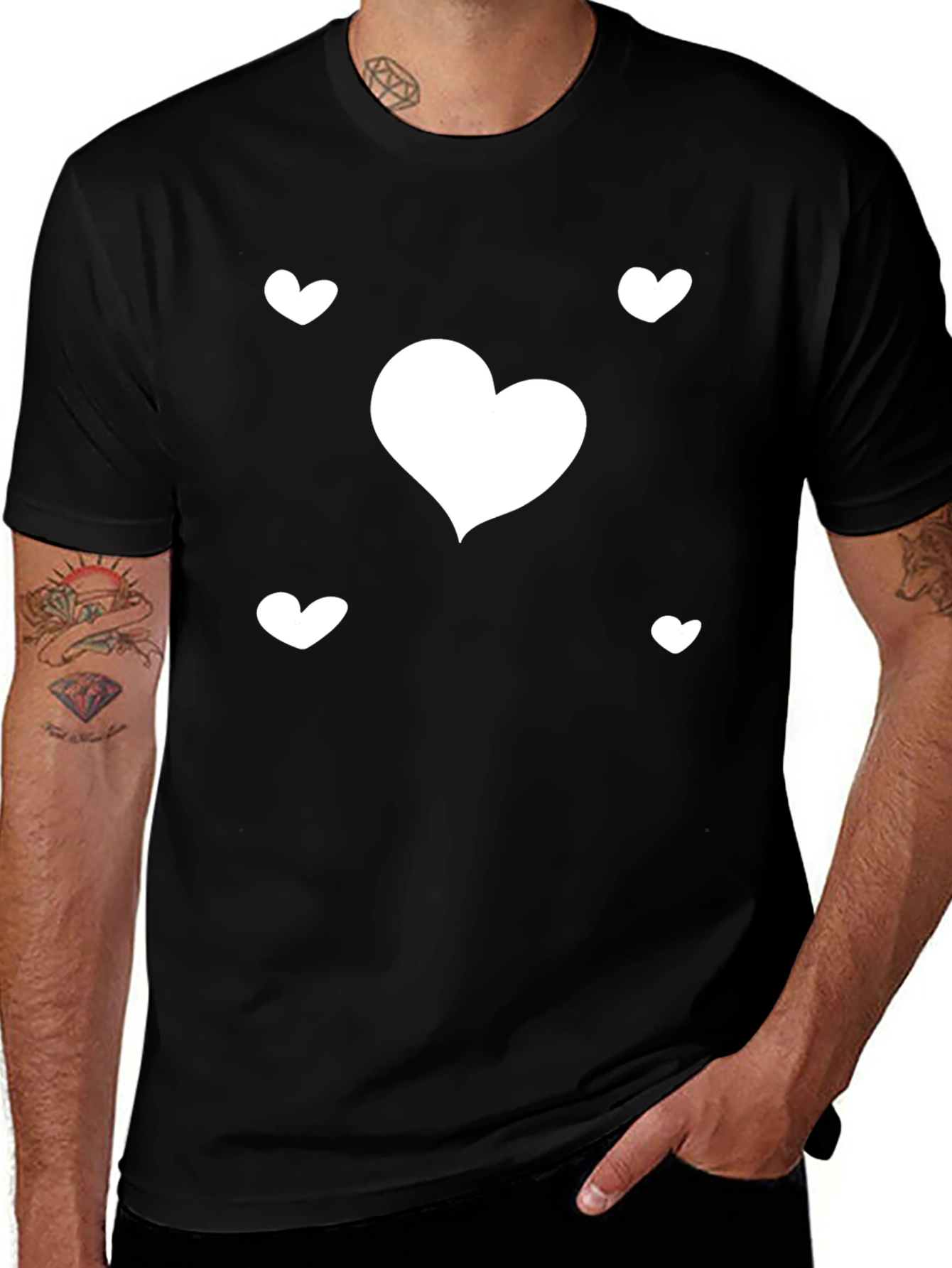 Heart Print Black Casual T-Shirt