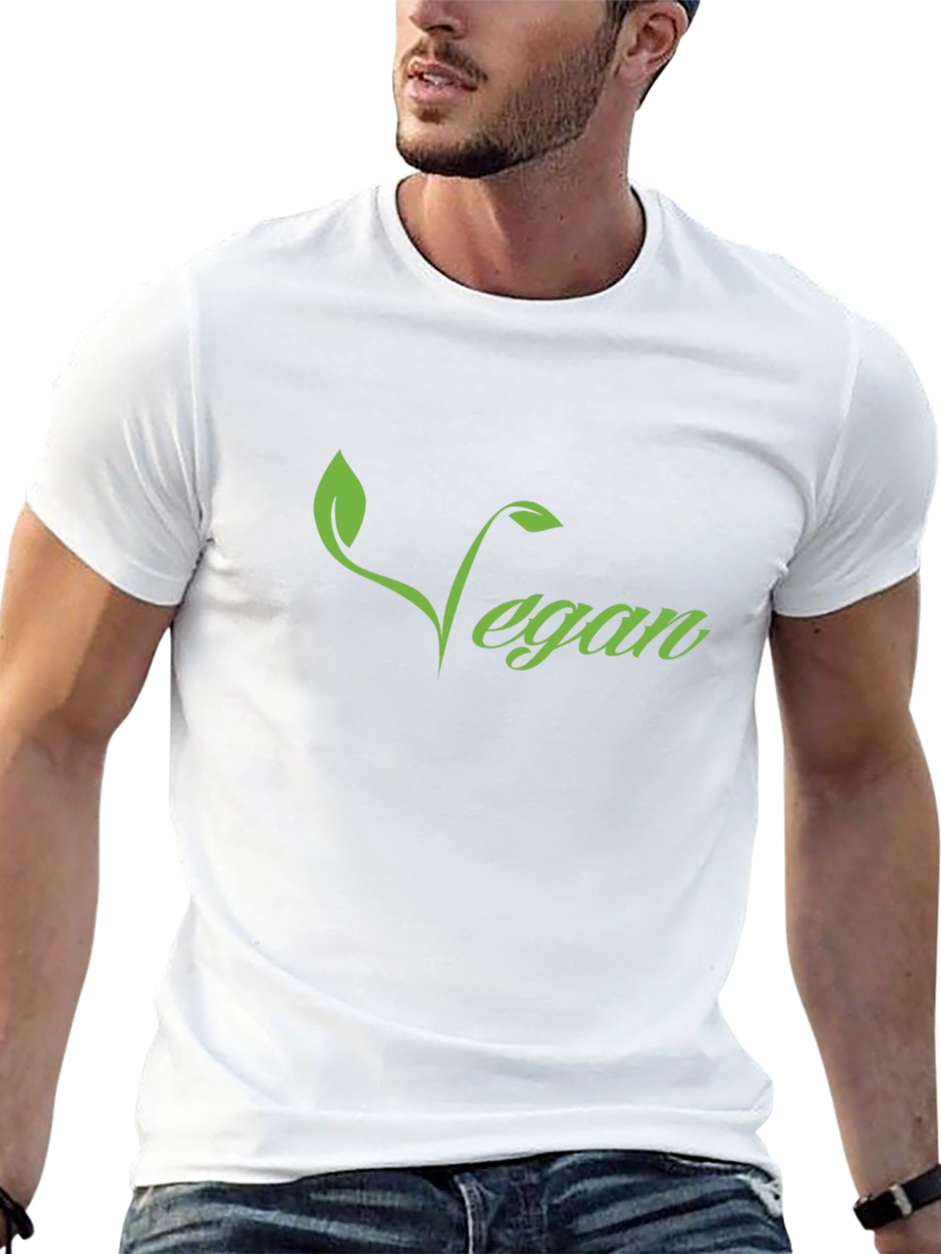 Vegan T-Shirt - Green Leaf Design Black Tee