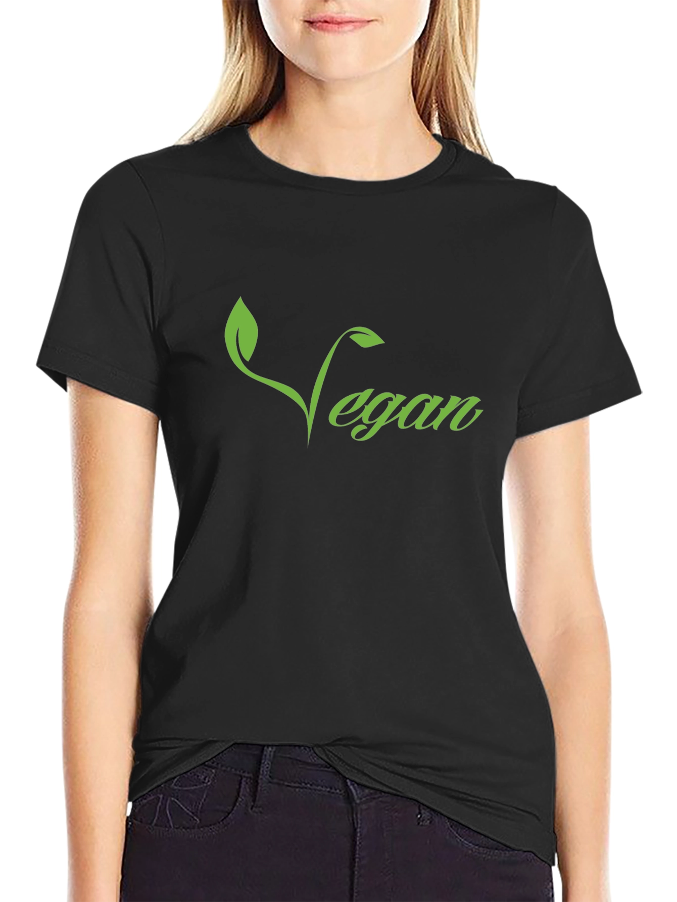 Vegan T-Shirt - Green Leaf Design Black Tee