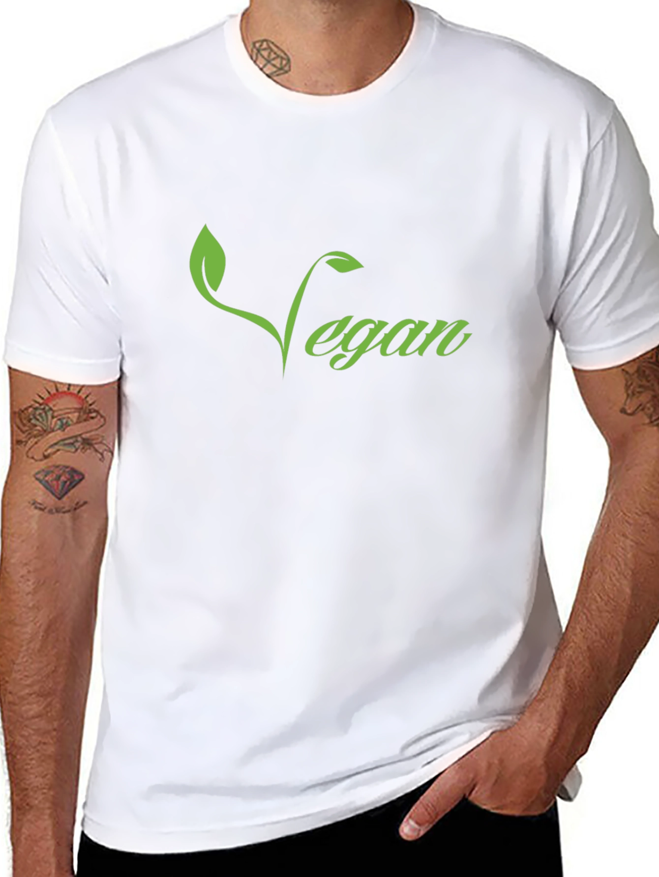 Vegan T-Shirt - Green Leaf Design Black Tee