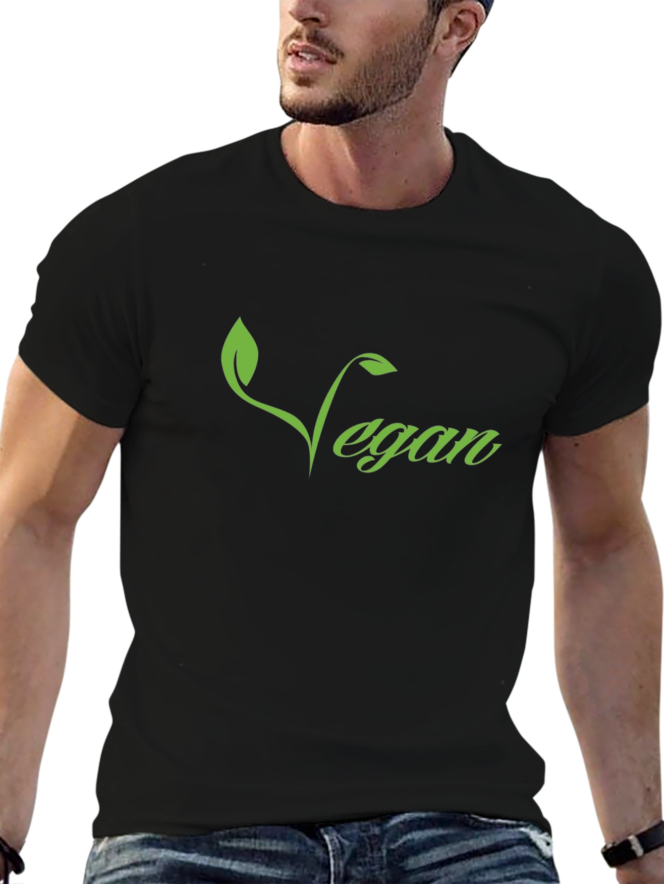 Vegan T-Shirt - Green Leaf Design Black Tee