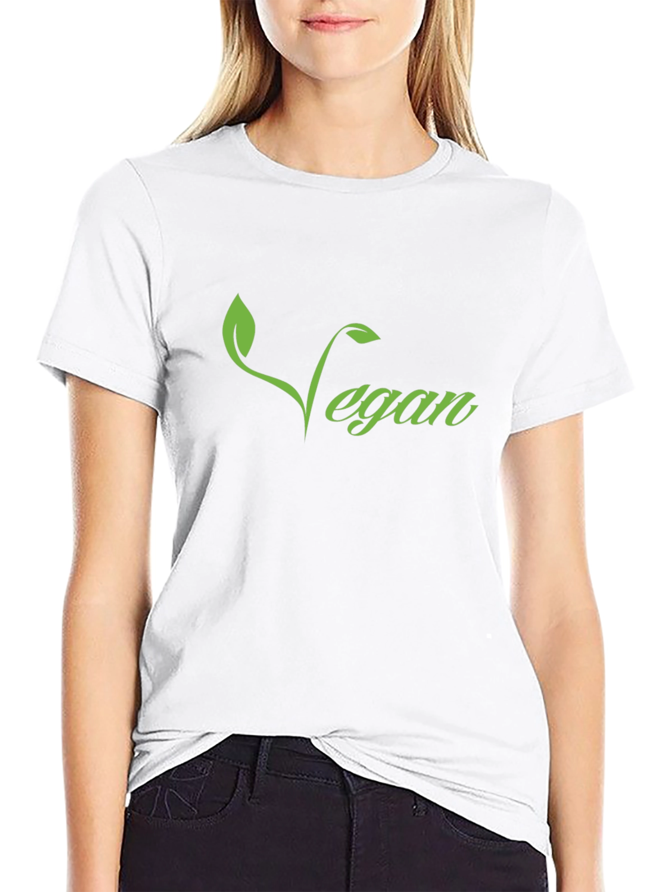 Vegan T-Shirt - Green Leaf Design Black Tee