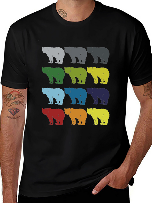 Colorful Bear Pattern Mens Black T-Shirt