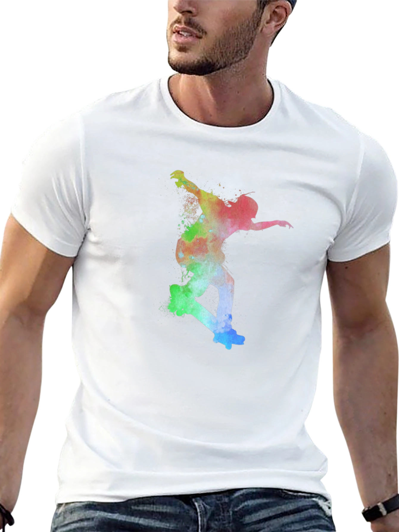 Skateboarder Rainbow Art Print Black T-Shirt