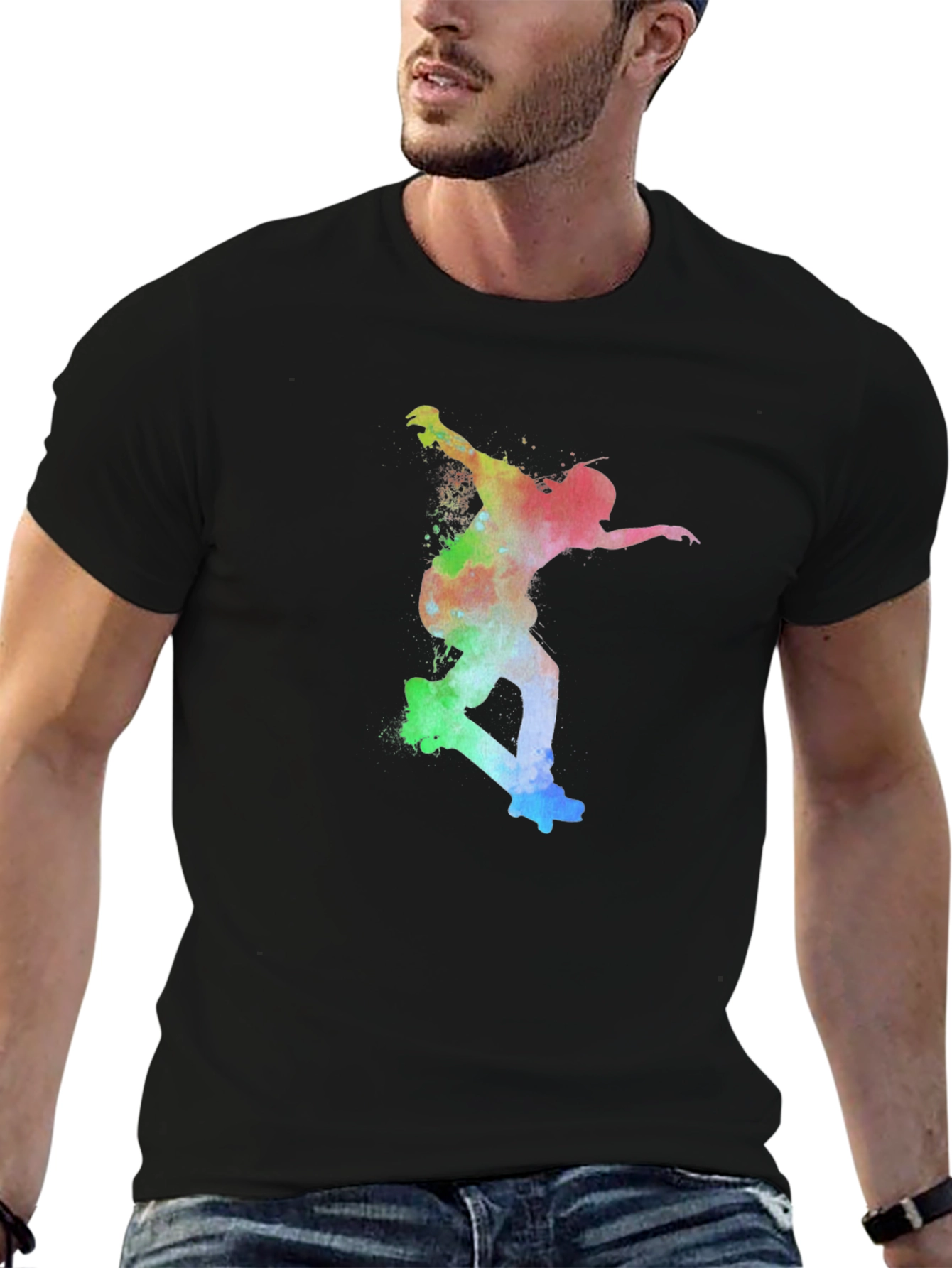 Skateboarder Rainbow Art Print Black T-Shirt
