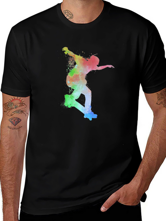 Skateboarder Rainbow Art Print Black T-Shirt