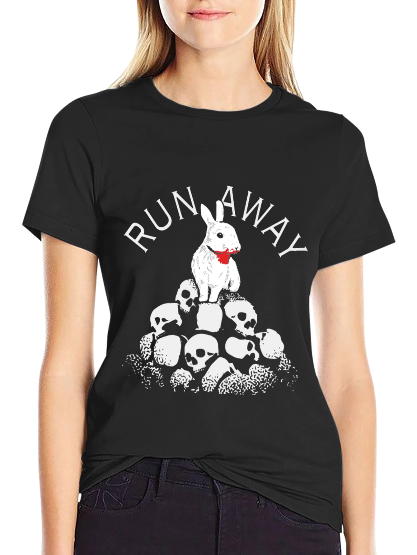 Run Away Rabbit Skull Pile Graphic T-Shirt