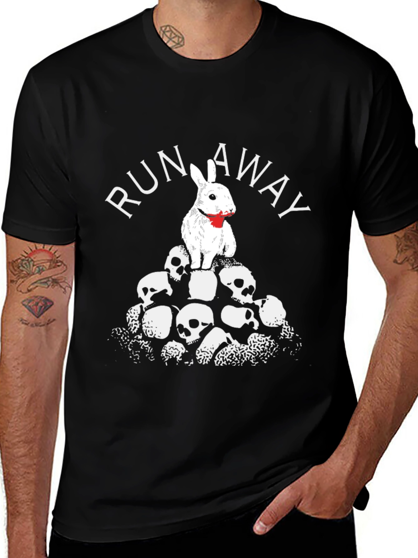 Run Away Rabbit Skull Pile Graphic T-Shirt