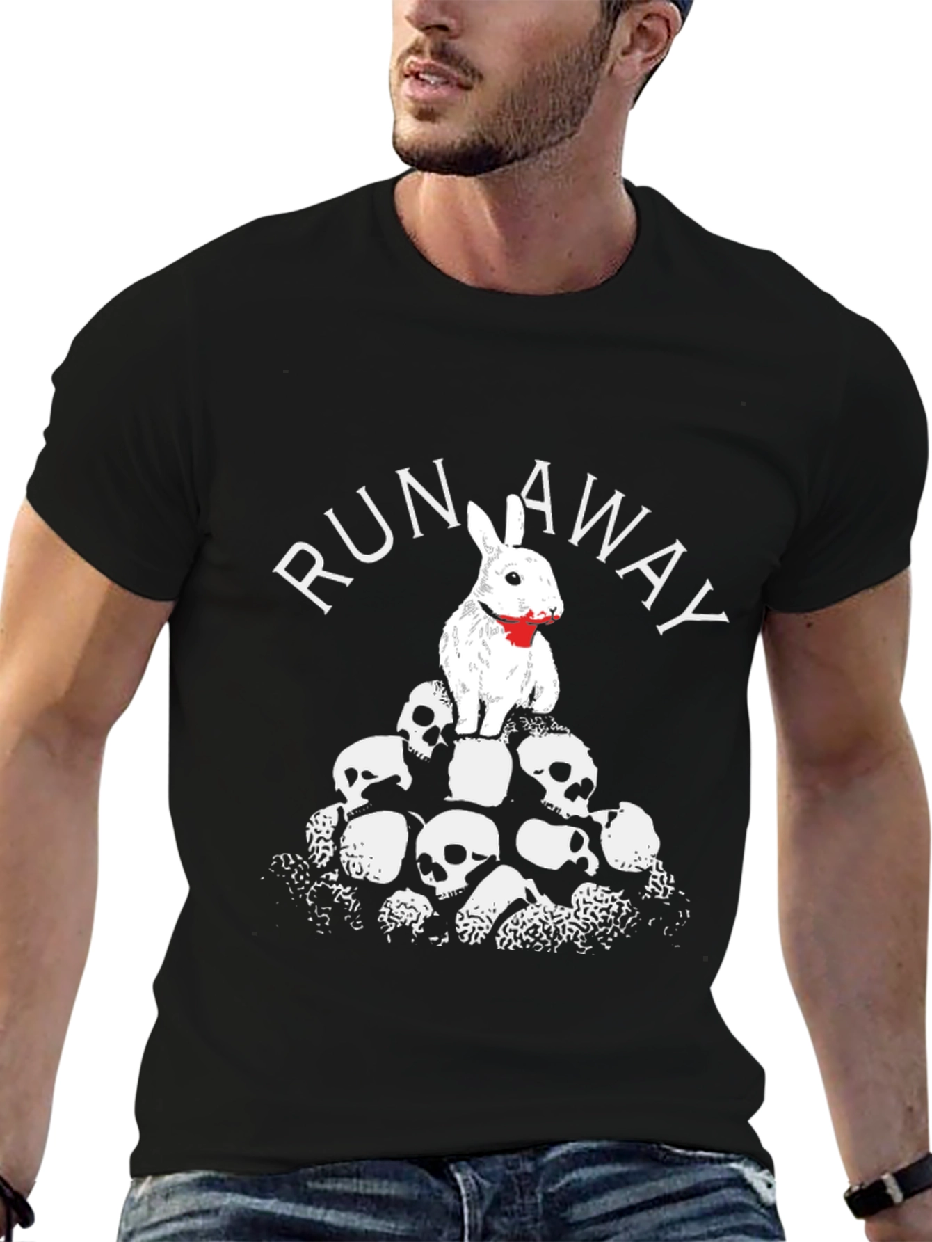 Run Away Rabbit Skull Pile Graphic T-Shirt