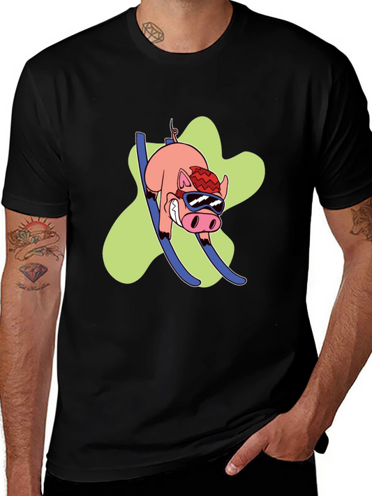 Skiing Pig Graphic Tee - Black Crew Neck T-Shirt