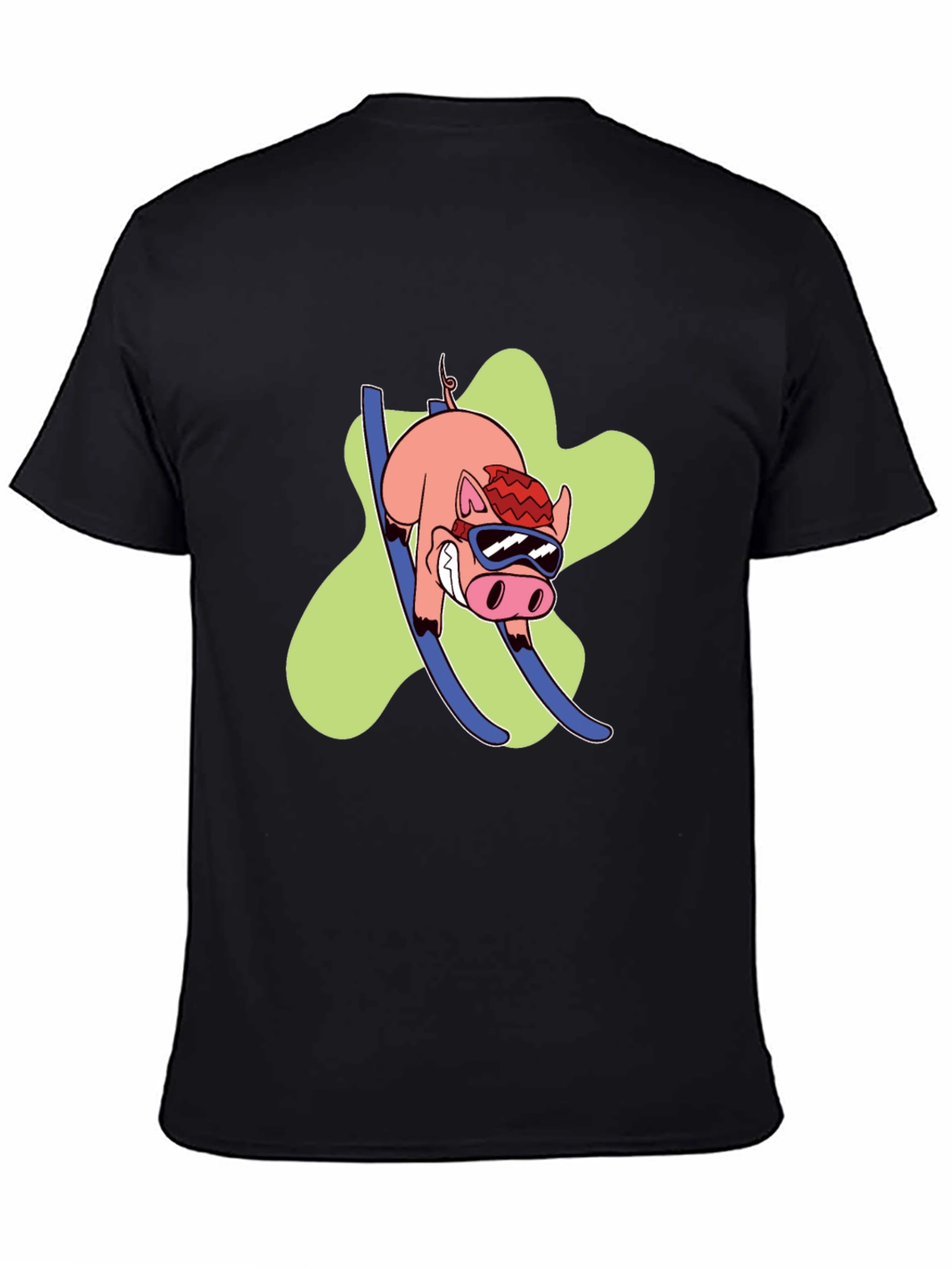 Skiing Pig Graphic Tee - Black Crew Neck T-Shirt