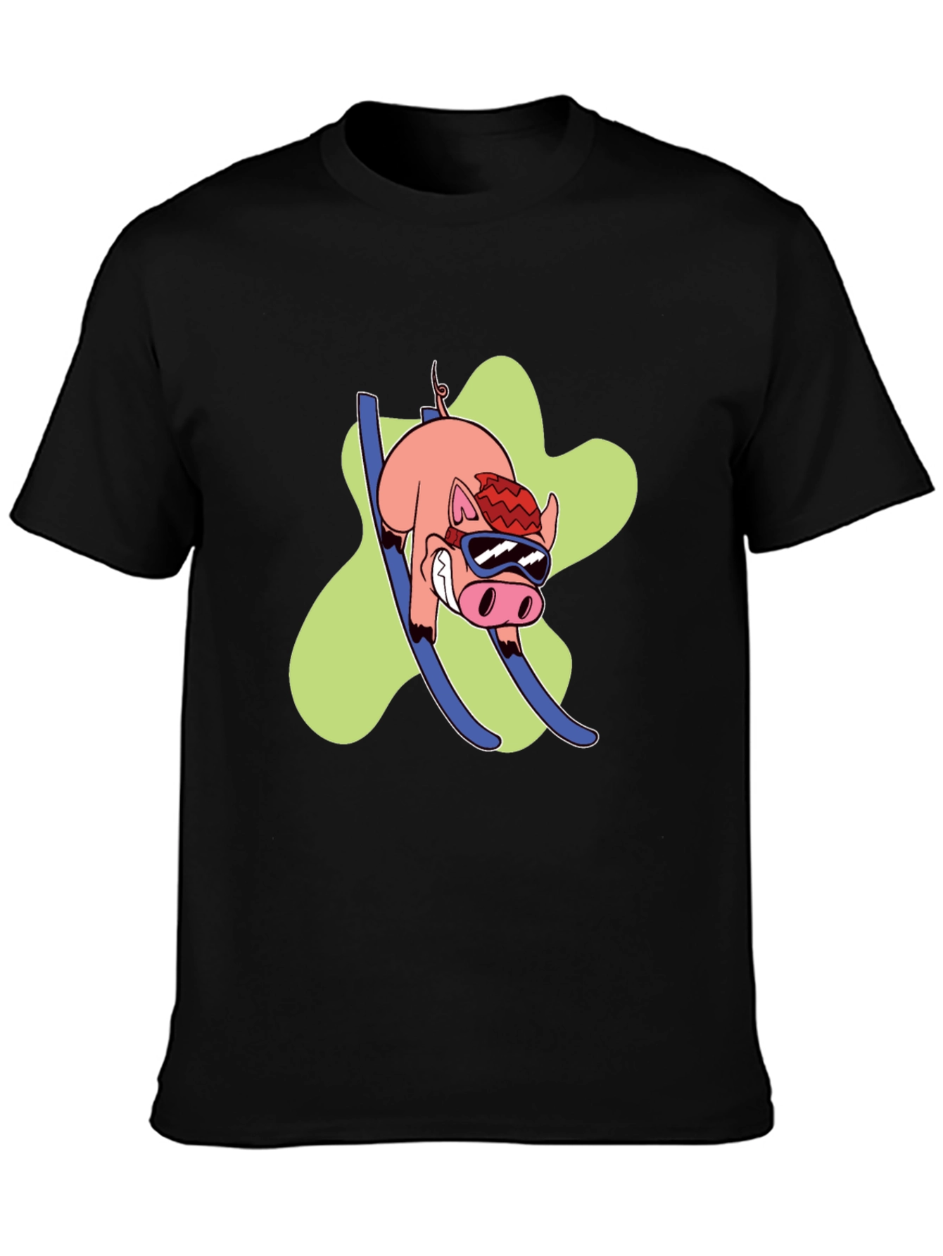 Skiing Pig Graphic Tee - Black Crew Neck T-Shirt