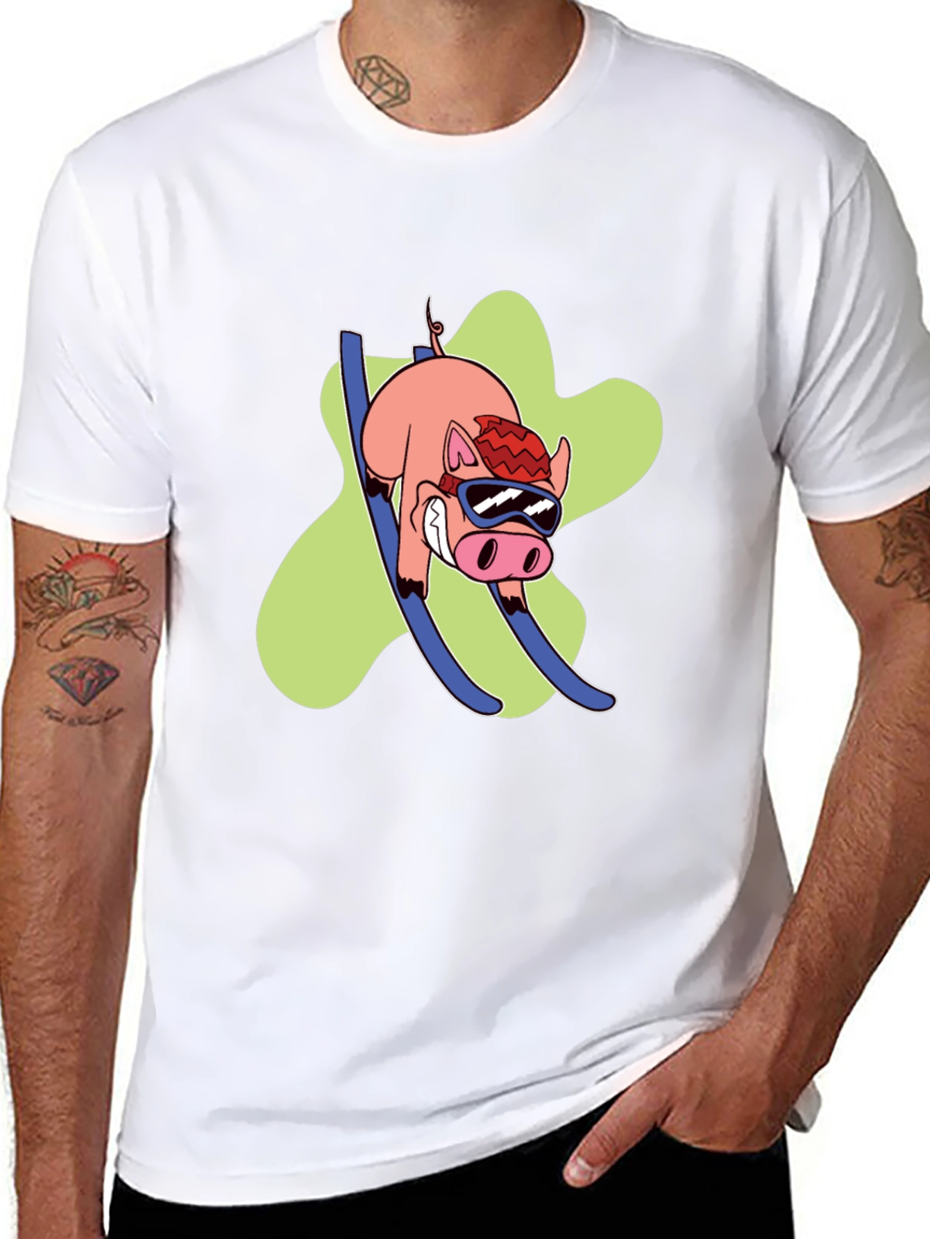 Skiing Pig Graphic Tee - Black Crew Neck T-Shirt