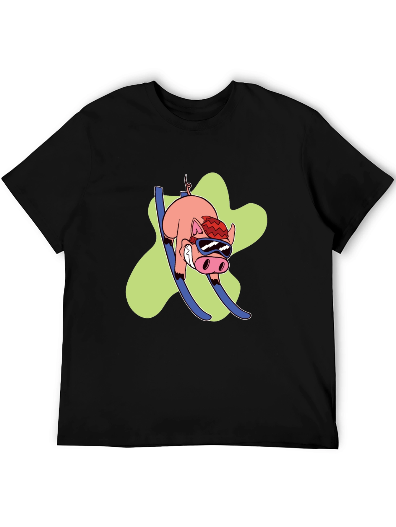 Skiing Pig Graphic Tee - Black Crew Neck T-Shirt
