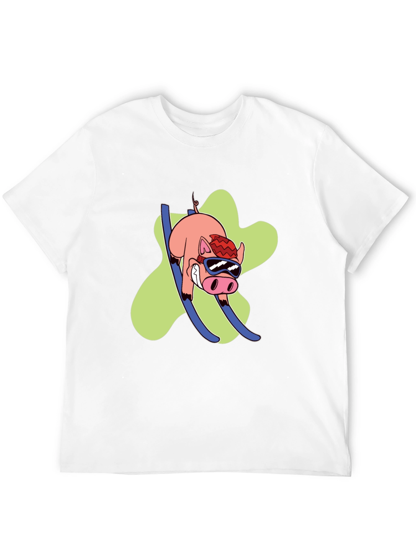 Skiing Pig Graphic Tee - Black Crew Neck T-Shirt