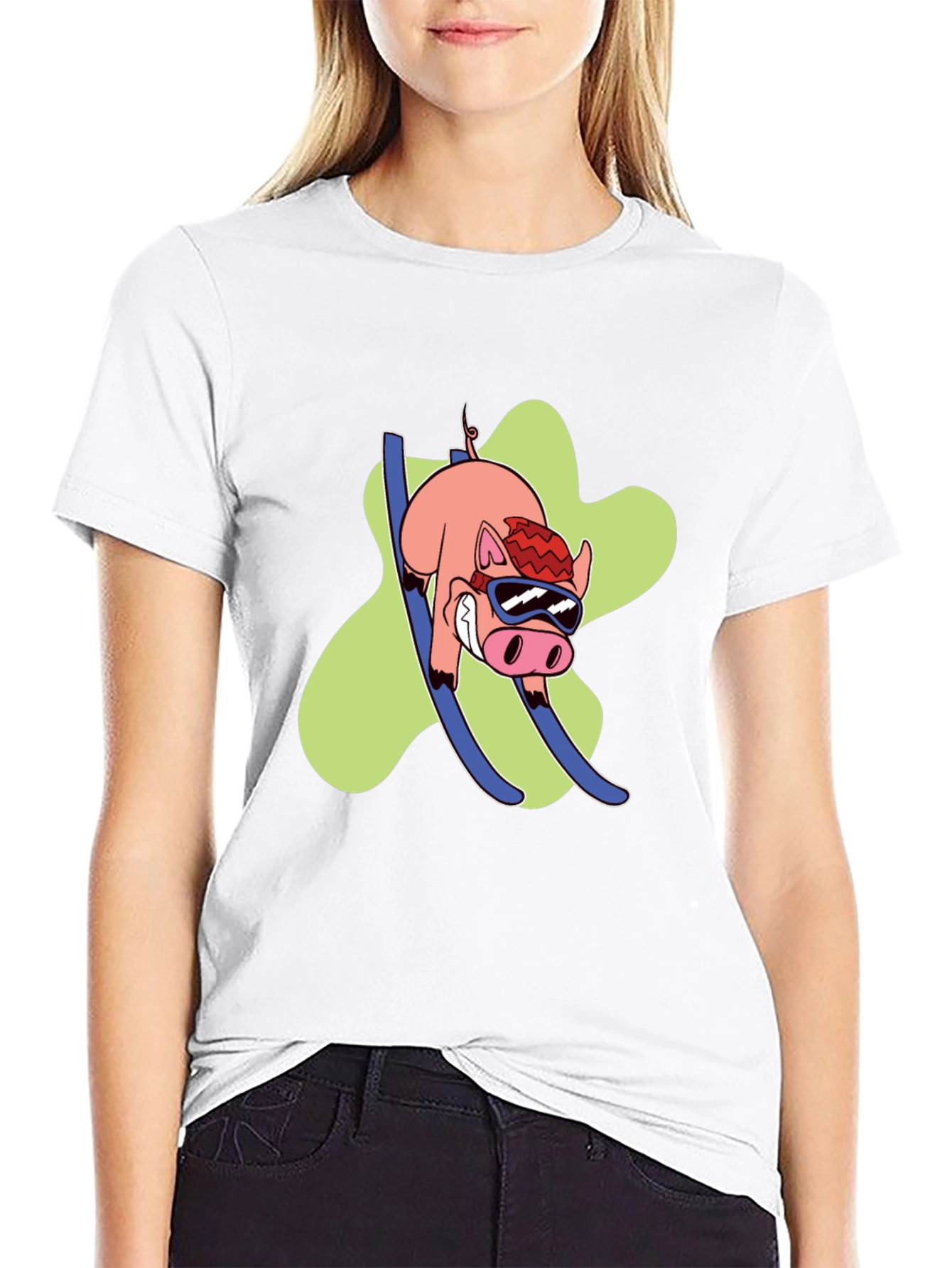 Skiing Pig Graphic Tee - Black Crew Neck T-Shirt