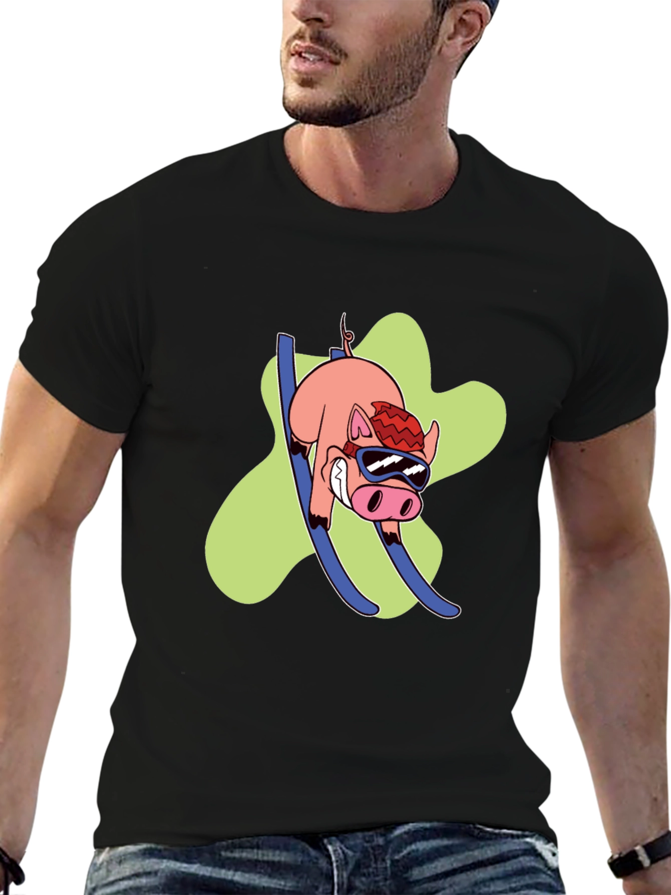 Skiing Pig Graphic Tee - Black Crew Neck T-Shirt